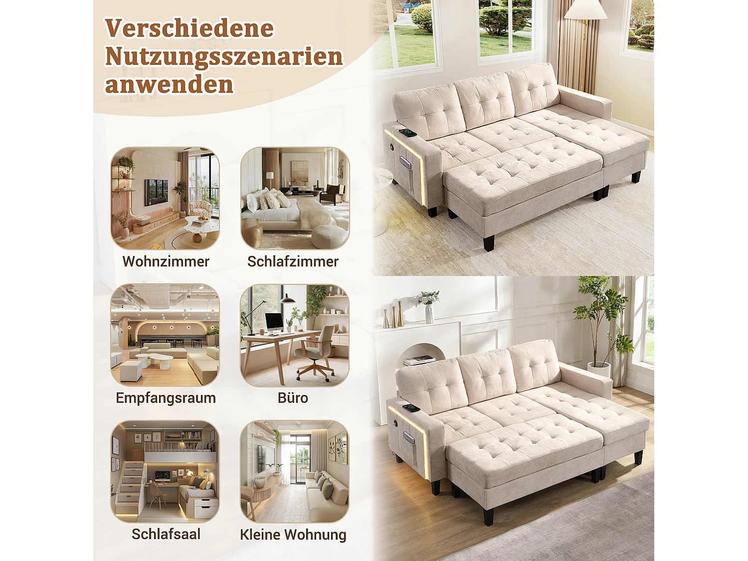 Modulaire L-vormige bank met uitneembare voetenbank en ledverlichting, 3-zits, beige (184x135x85 cm)