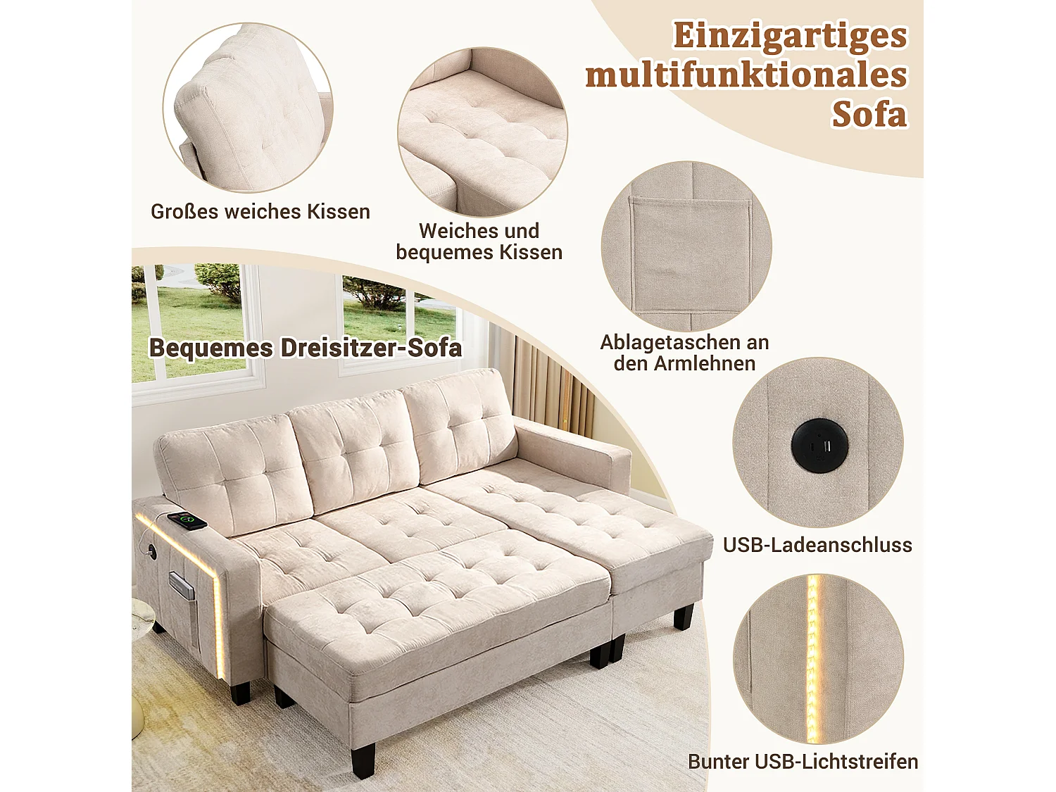 Modulaire L-vormige bank met uitneembare voetenbank en ledverlichting, 3-zits, beige (184x135x85 cm)