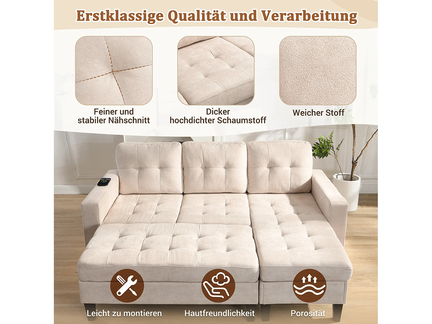 Modulaire L-vormige bank met uitneembare voetenbank en ledverlichting, 3-zits, beige (184x135x85 cm)