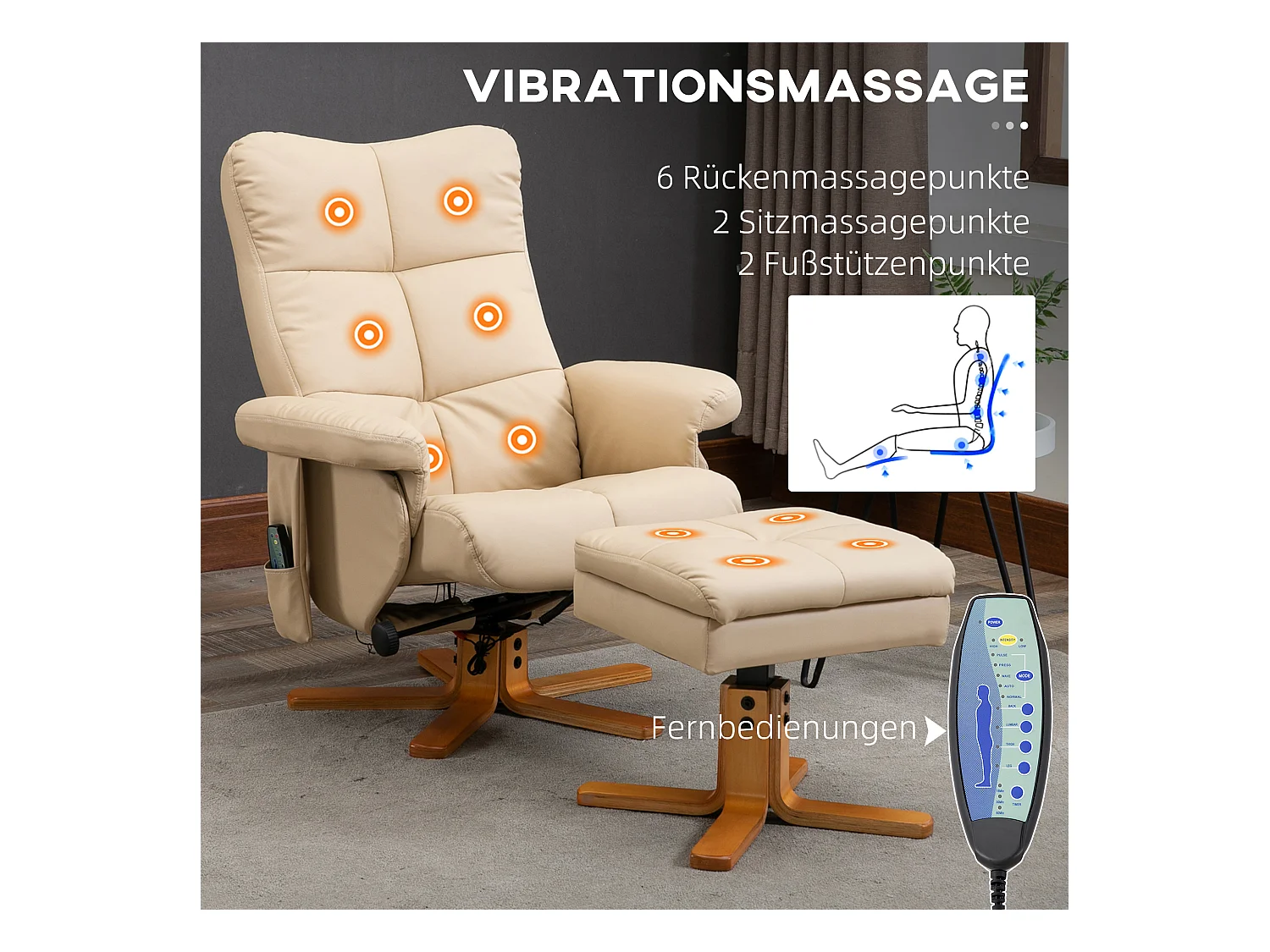 Fauteuil relax avec fonction massage, repose-pieds, polyester, crème (80x86x99 cm)