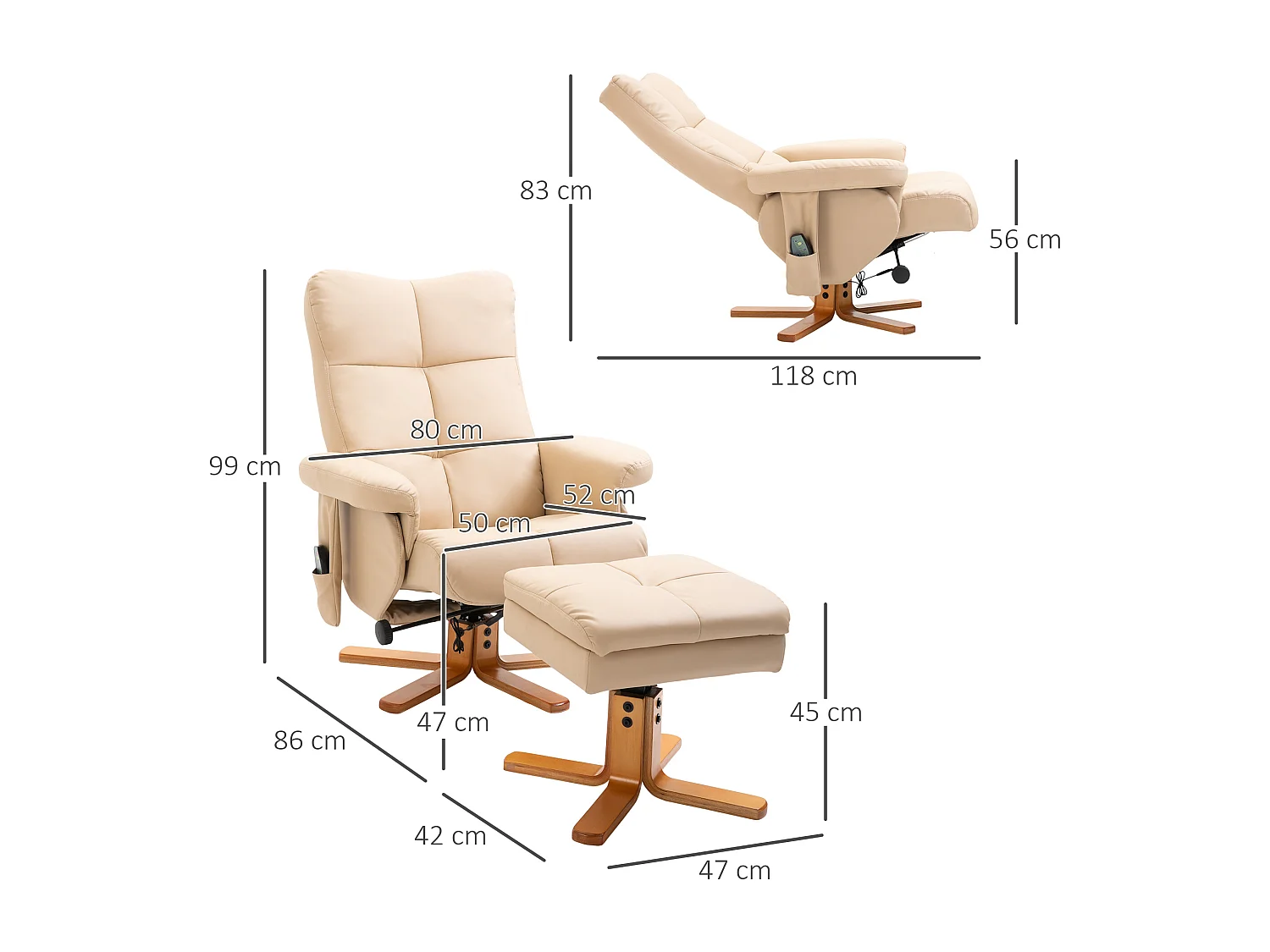 Fauteuil relax avec fonction massage, repose-pieds, polyester, crème (80x86x99 cm)