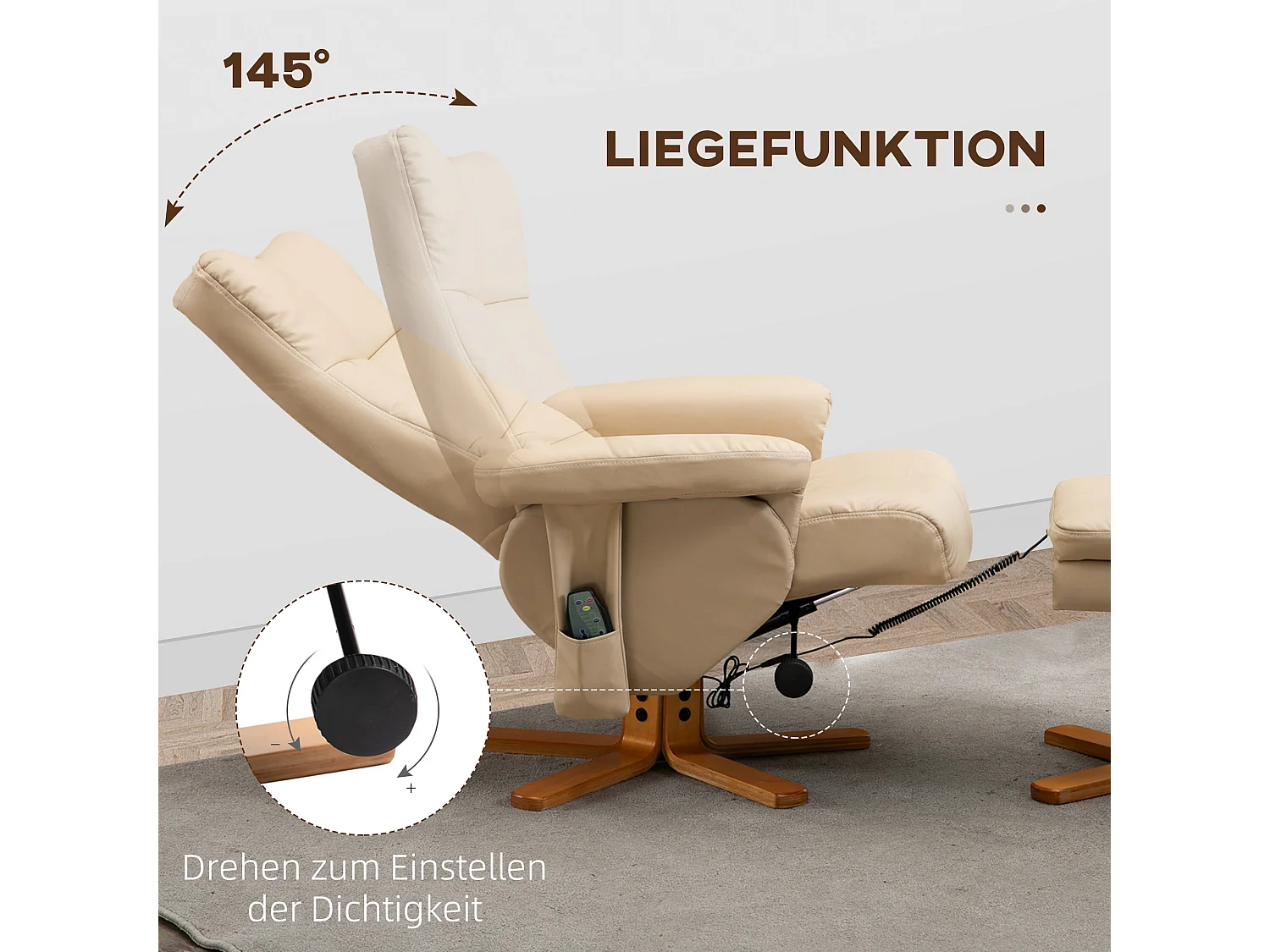 Fauteuil relax avec fonction massage, repose-pieds, polyester, crème (80x86x99 cm)