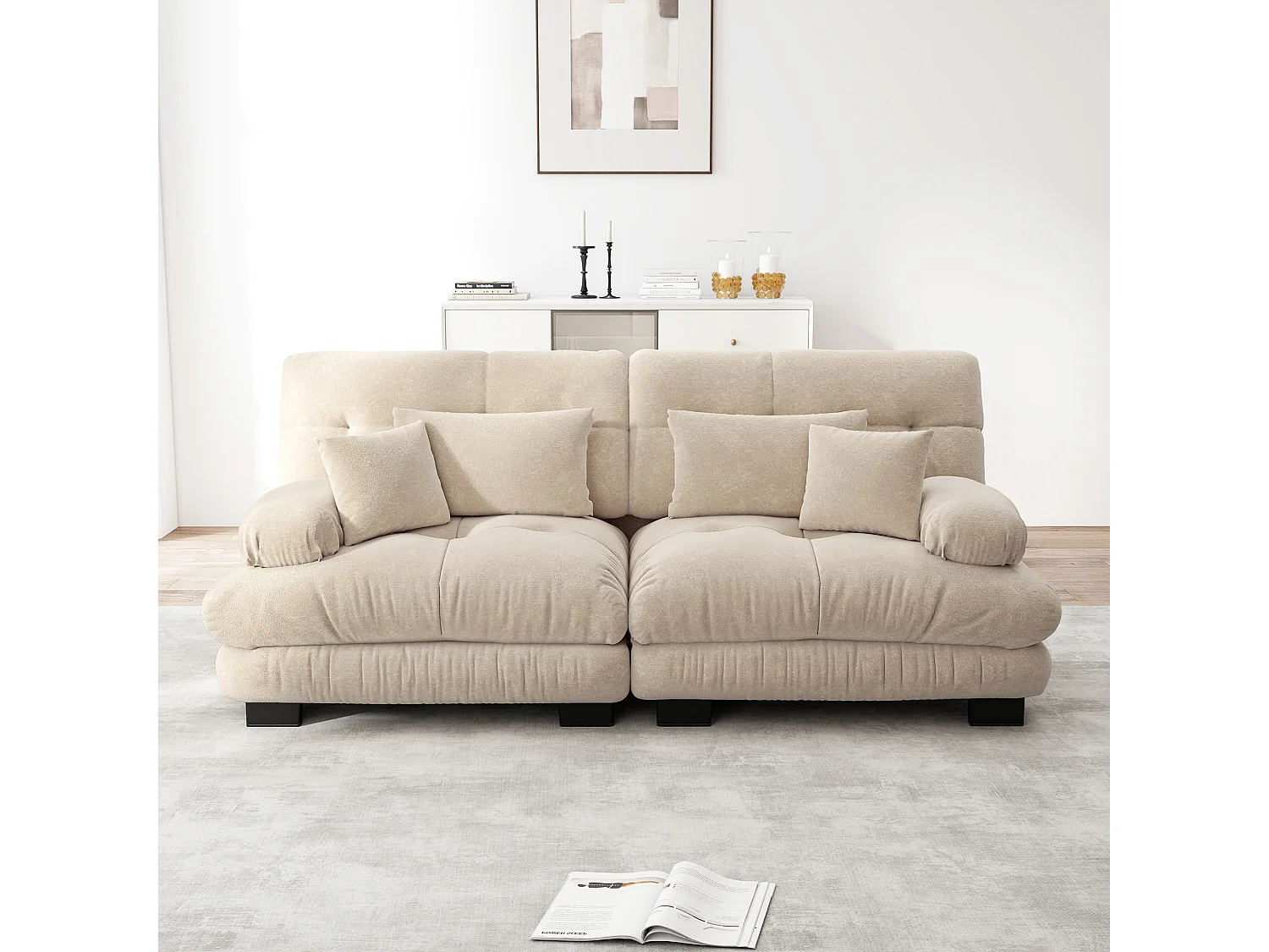 Divano angolare Cloud a 3 posti con cuscini decorativi e poggiareni, struttura in legno massello, ciniglia color caffè chiaro (220x77x81 cm)