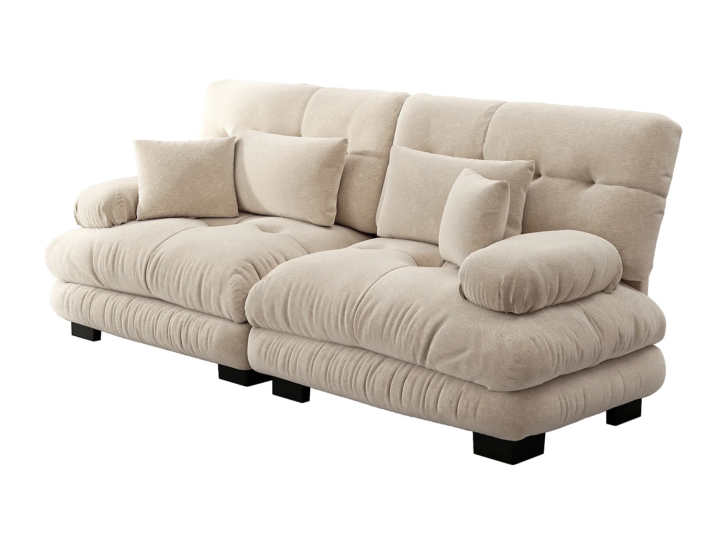 Divano angolare Cloud a 3 posti con cuscini decorativi e poggiareni, struttura in legno massello, ciniglia color caffè chiaro (220x77x81 cm)