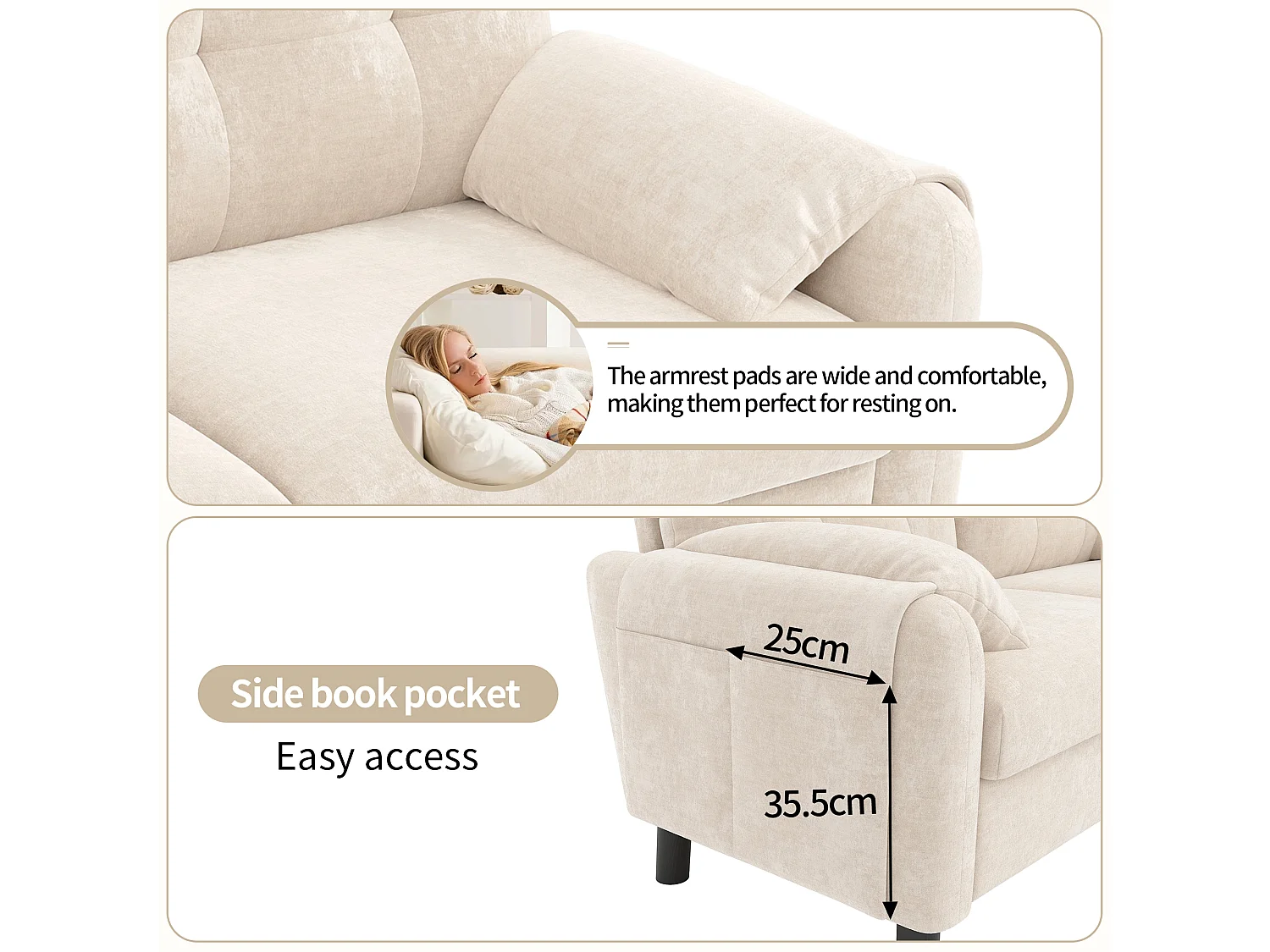 Canapé 2 places moderne, confortable, en tissu chenille, design scandinave, beige (158x80x88.5 cm)