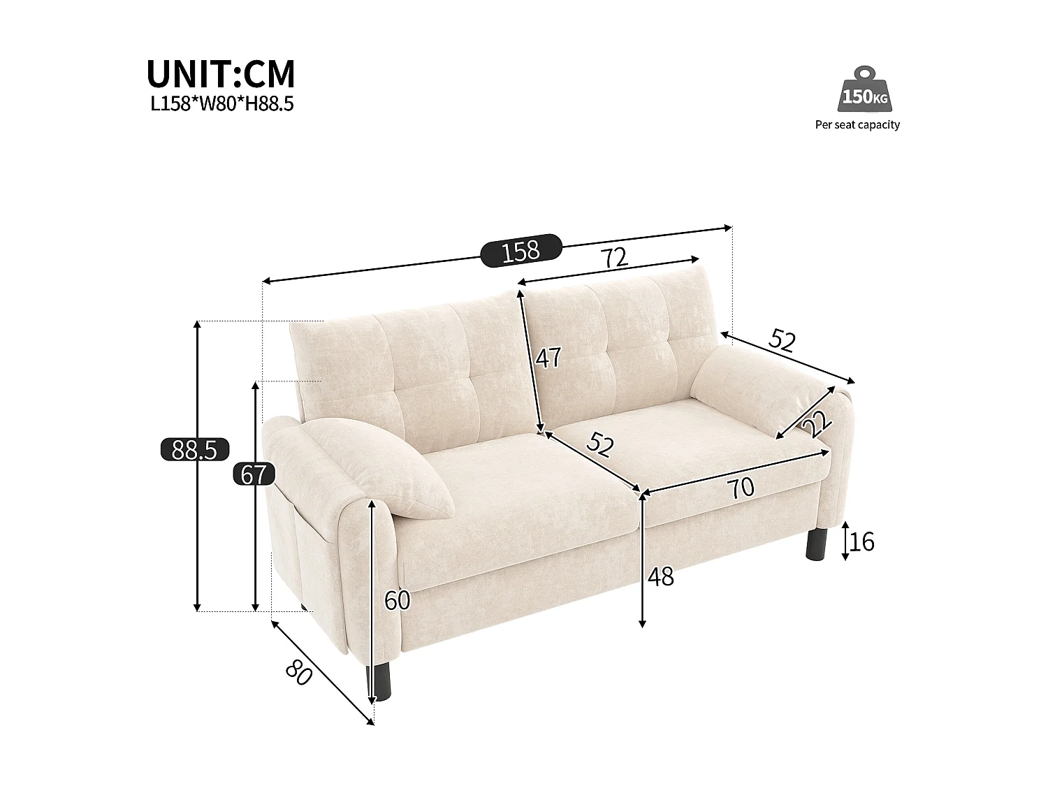 Canapé 2 places moderne, confortable, en tissu chenille, design scandinave, beige (158x80x88.5 cm)