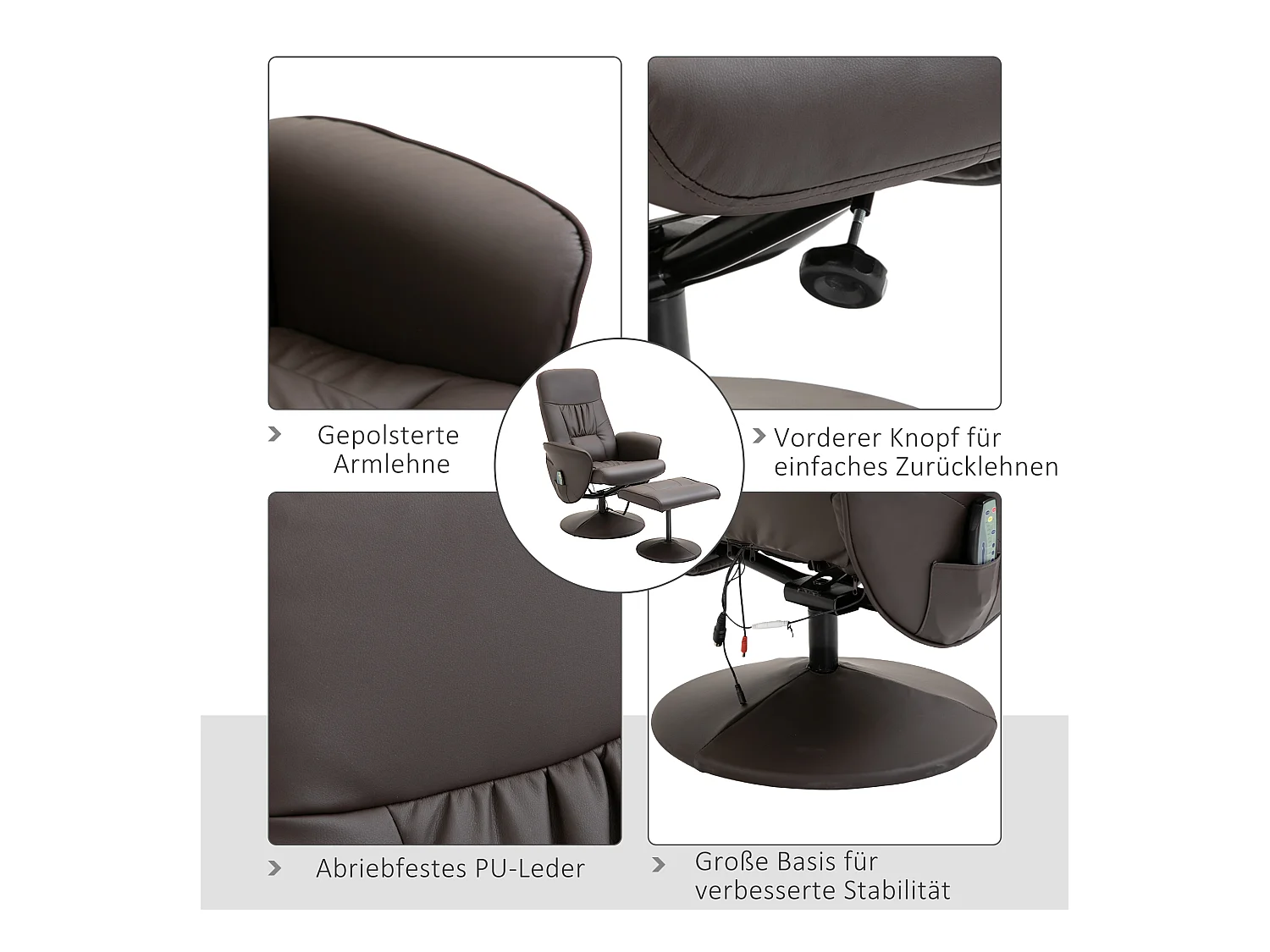 Fauteuil TV avec fonction massage, inclinaison 145°, cuir artificiel, marron (76x81x105 cm)