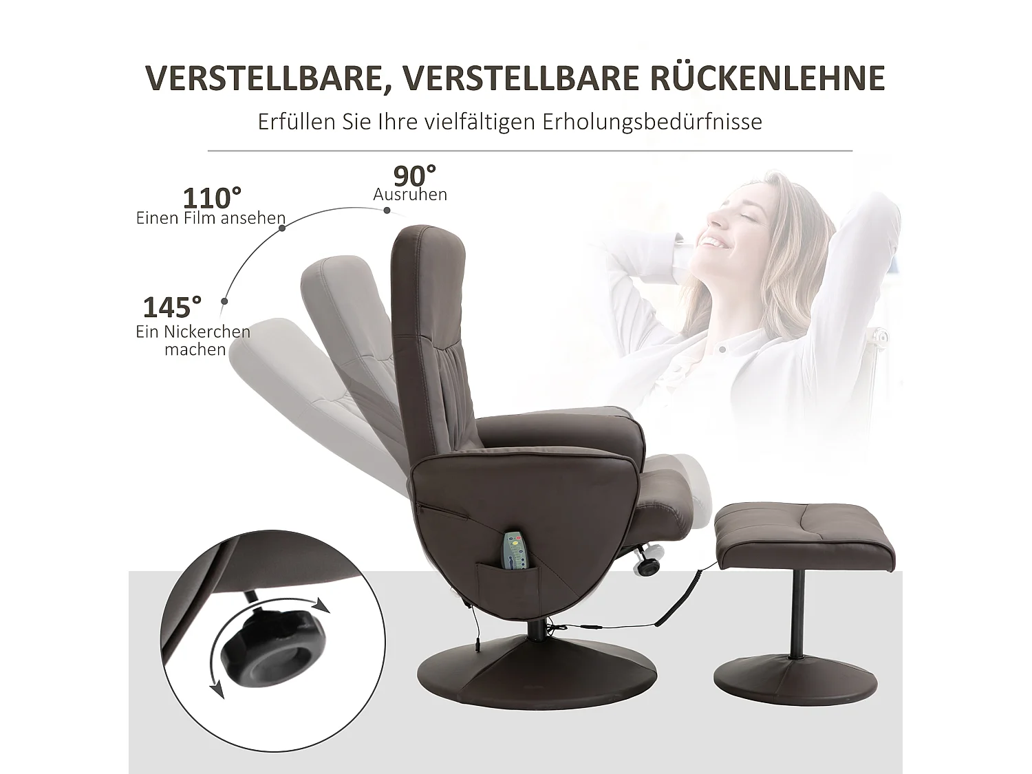 Fauteuil TV avec fonction massage, inclinaison 145°, cuir artificiel, marron (76x81x105 cm)