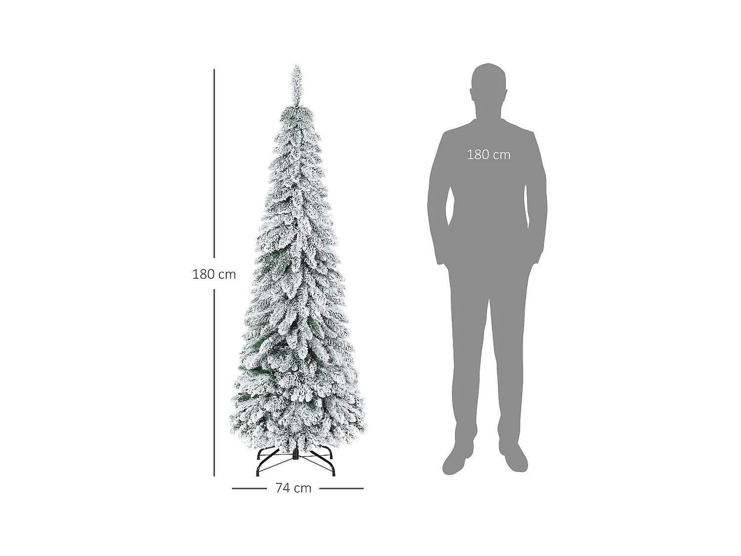 Kunstkerstboom met sneeuw, 180 cm, 523 takken, met metalen voet, groen (Ø74 x 180 cm)