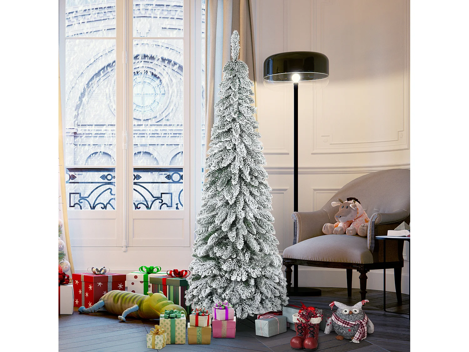 Sapin de Noël artificiel avec neige, 180 cm, 523 branches, avec pied en métal, vert (Ø74 x 180 cm)
