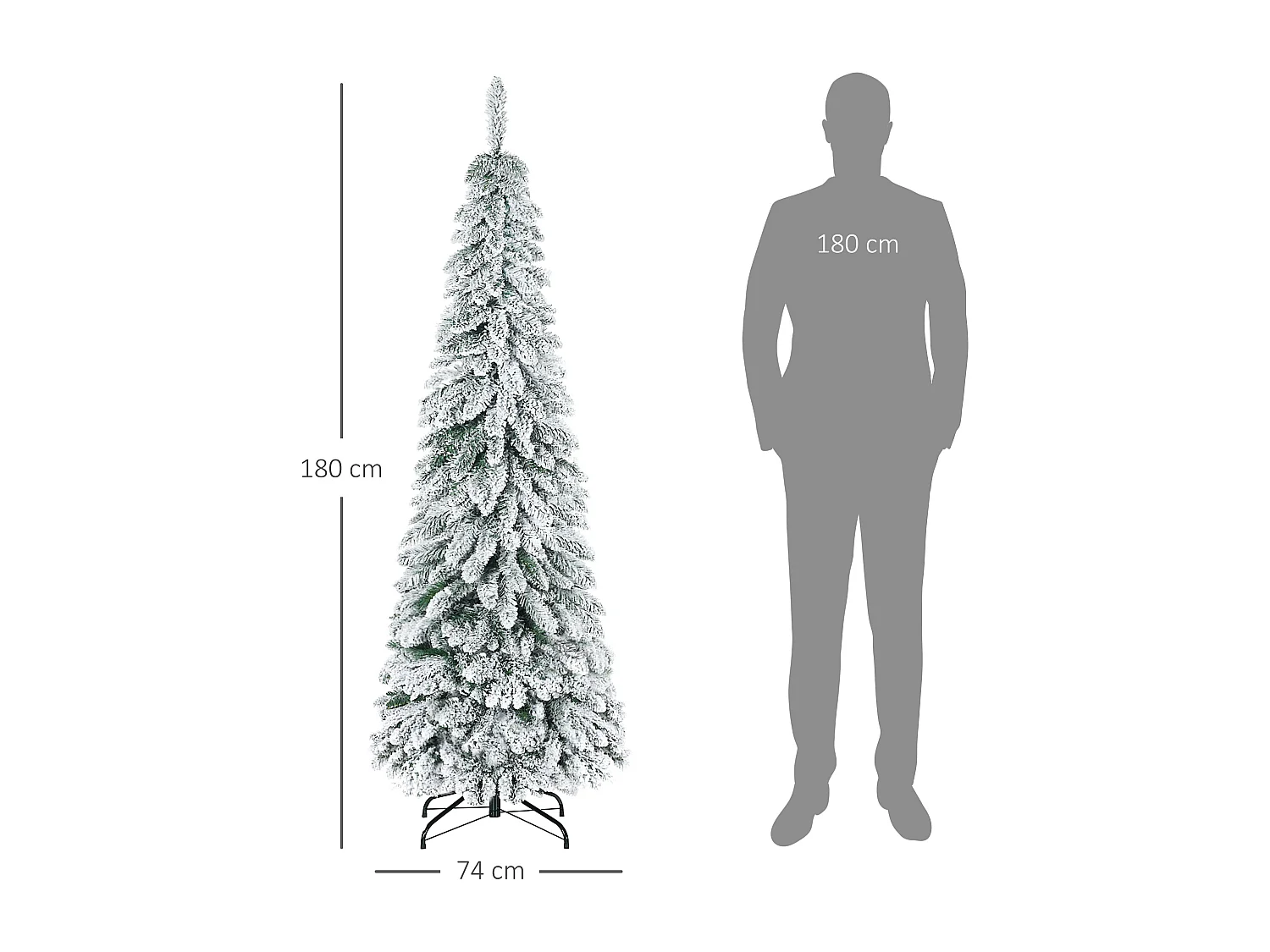 Sapin de Noël artificiel avec neige, 180 cm, 523 branches, avec pied en métal, vert (Ø74 x 180 cm)