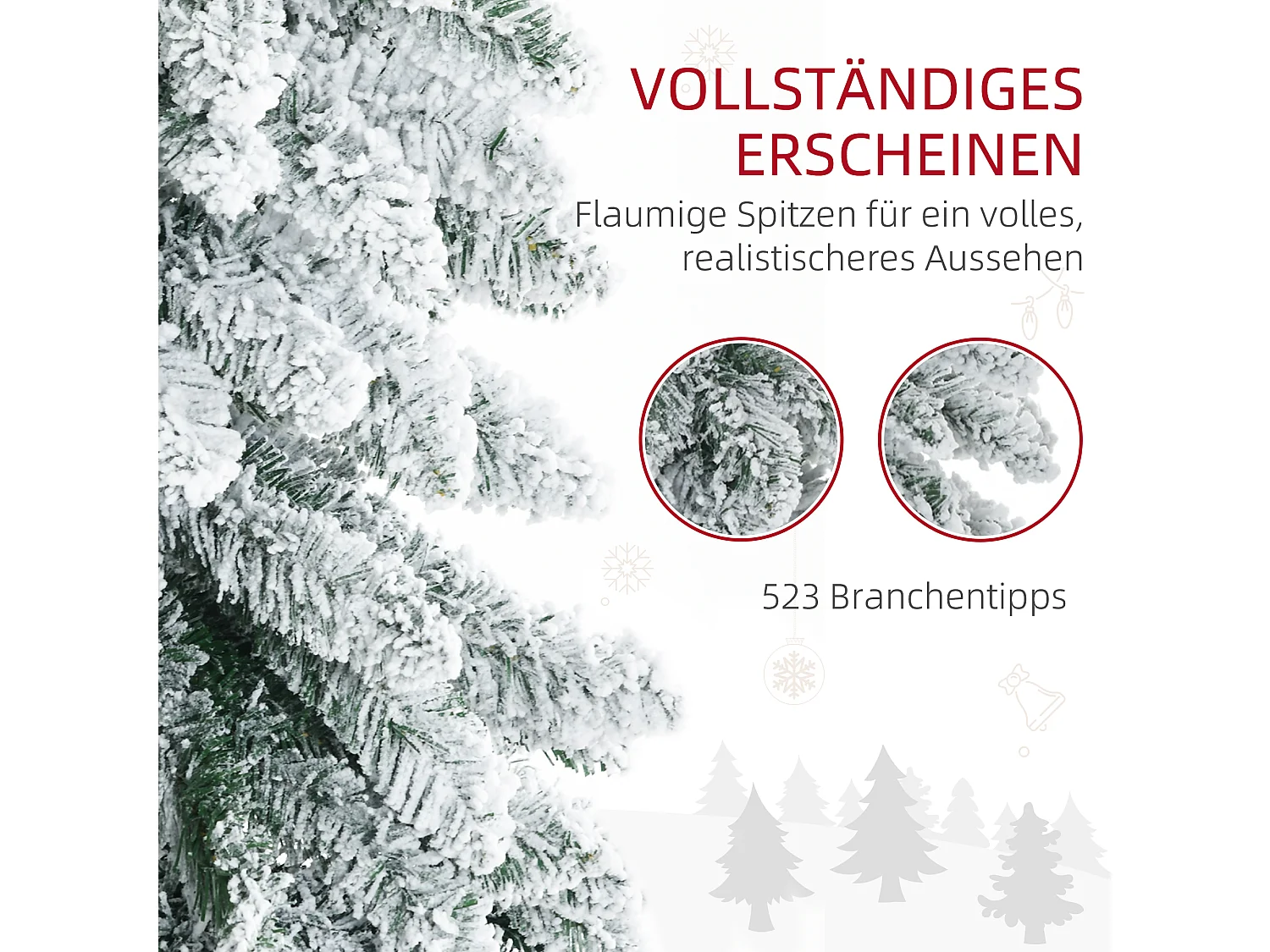 Sapin de Noël artificiel avec neige, 180 cm, 523 branches, avec pied en métal, vert (Ø74 x 180 cm)