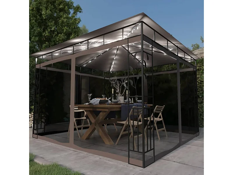 Tonnelle avec moustiquaire et lumières Led 3x3x2,73 m Taupe