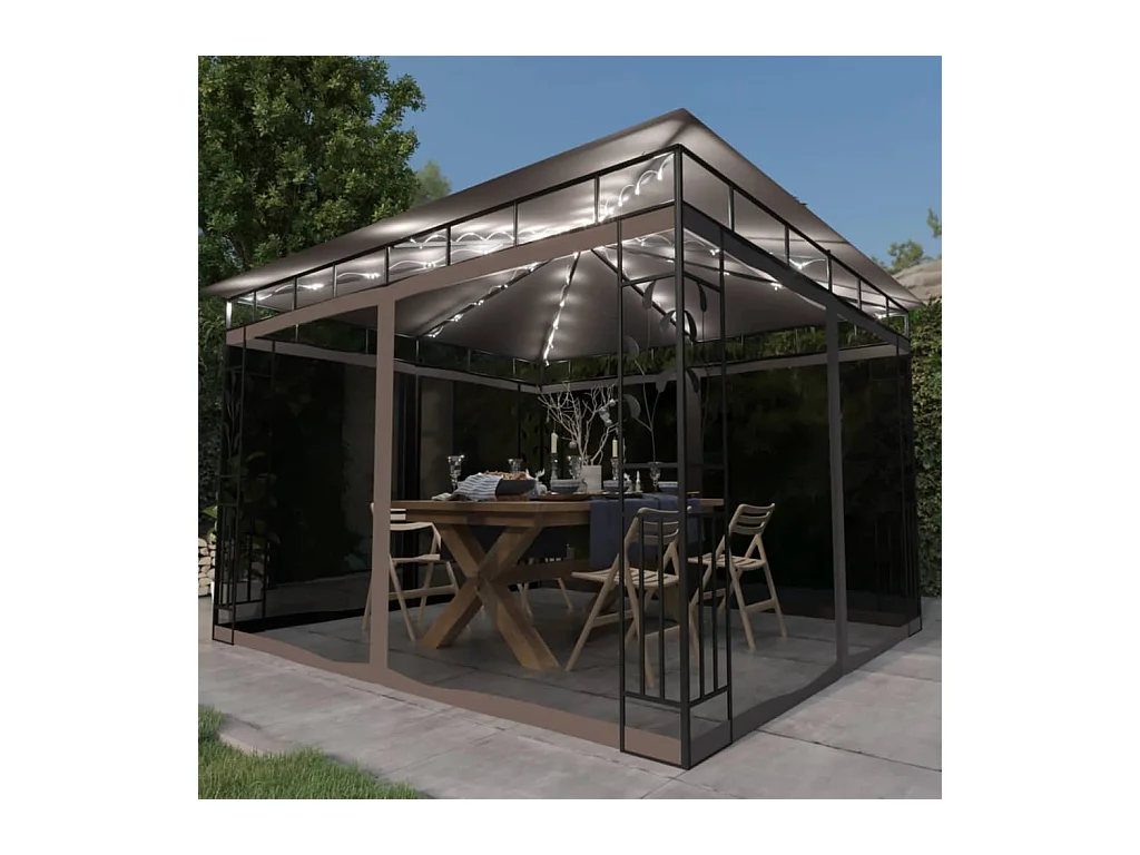 Tonnelle avec moustiquaire et lumières Led 3x3x2,73 m Taupe