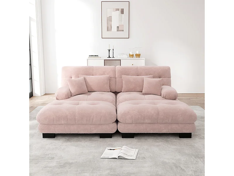 Divano angolare Cloud per soggiorno, divano doppio con 2 cuscini lombari, 2 cuscini decorativi, bracciolo largo e 2 pouf (220x145x81 cm)