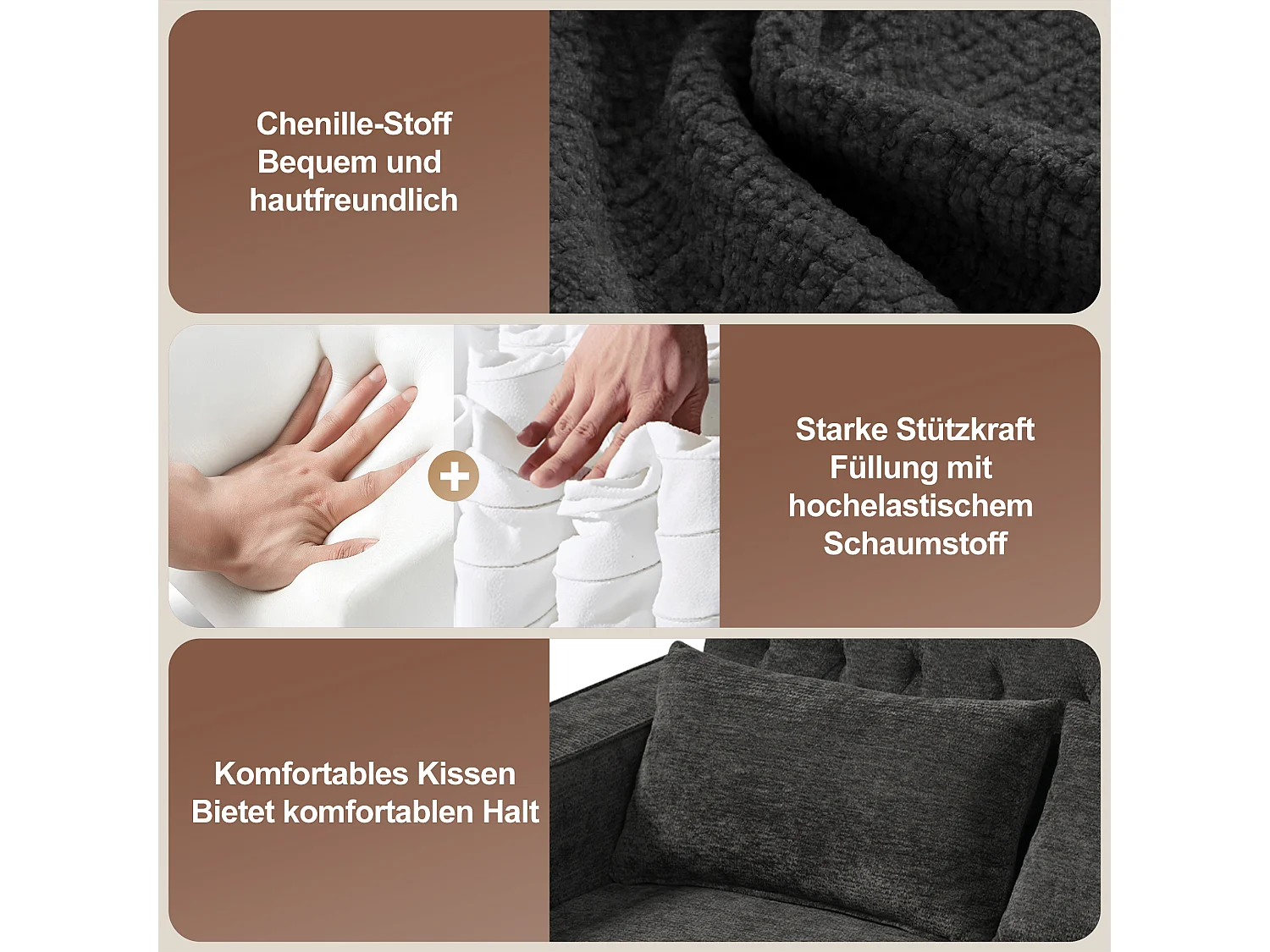 Canapé convertible 2 places, avec rangement, porte-gobelet, port USB, tissu chenille, gris (140x137x84 cm)