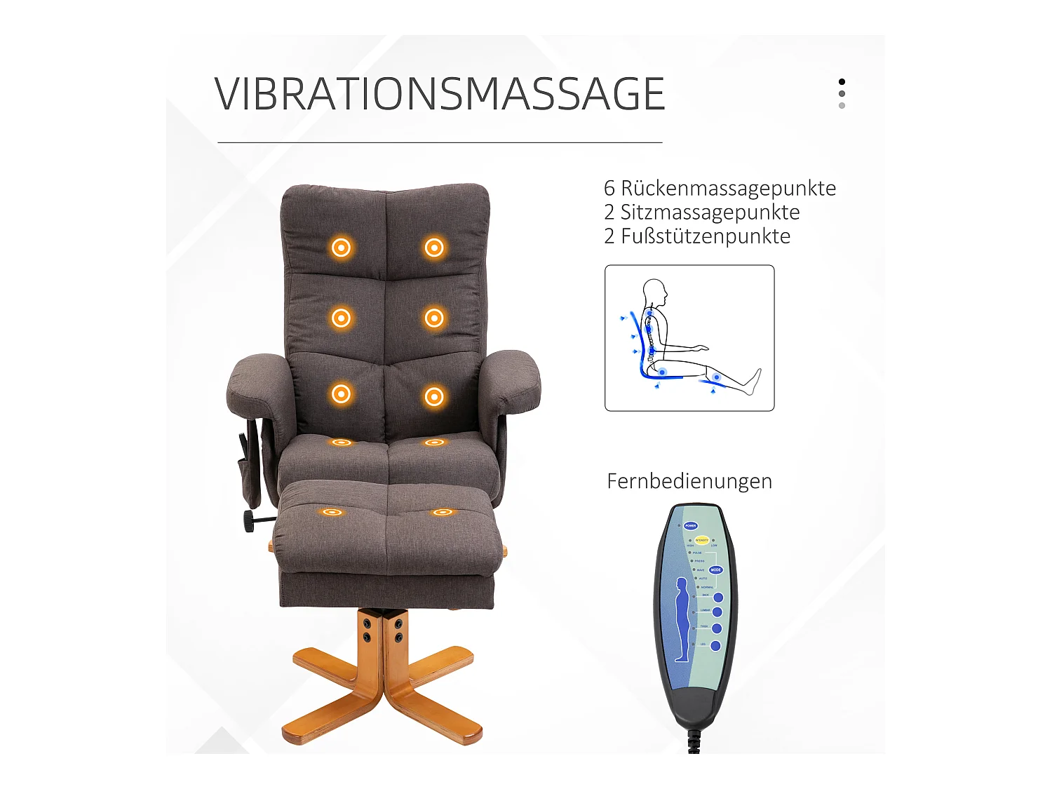 Fauteuil relax avec massage, repose-pieds et fonction inclinable, polyester, brun (80x86x99 cm)