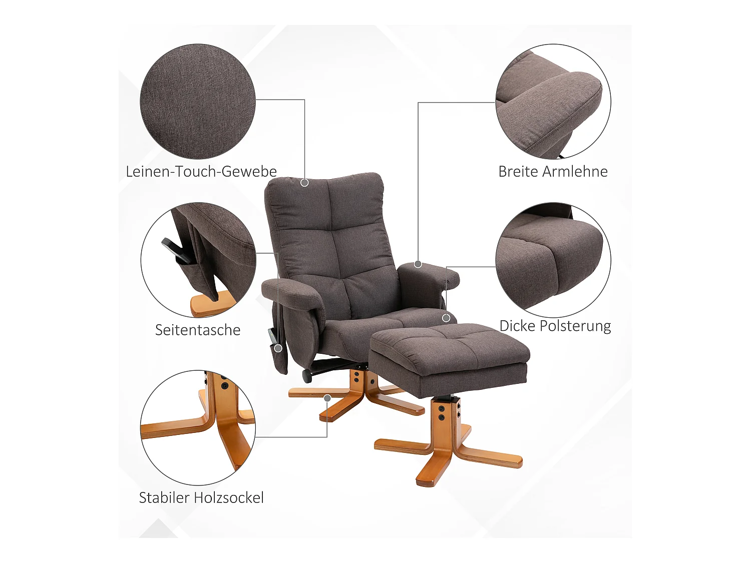 Fauteuil relax avec massage, repose-pieds et fonction inclinable, polyester, brun (80x86x99 cm)