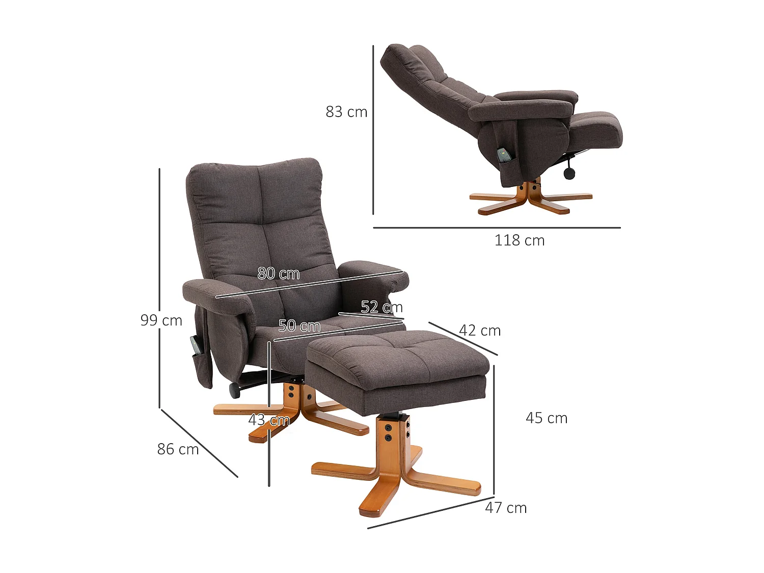 Fauteuil relax avec massage, repose-pieds et fonction inclinable, polyester, brun (80x86x99 cm)