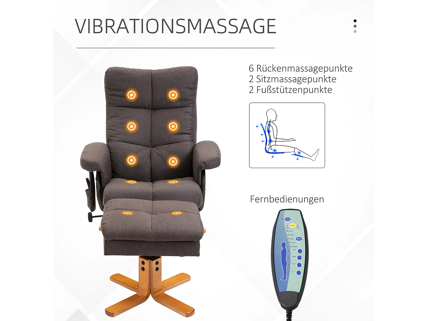 Fauteuil relax avec massage, repose-pieds et fonction inclinable, polyester, brun (80x86x99 cm)