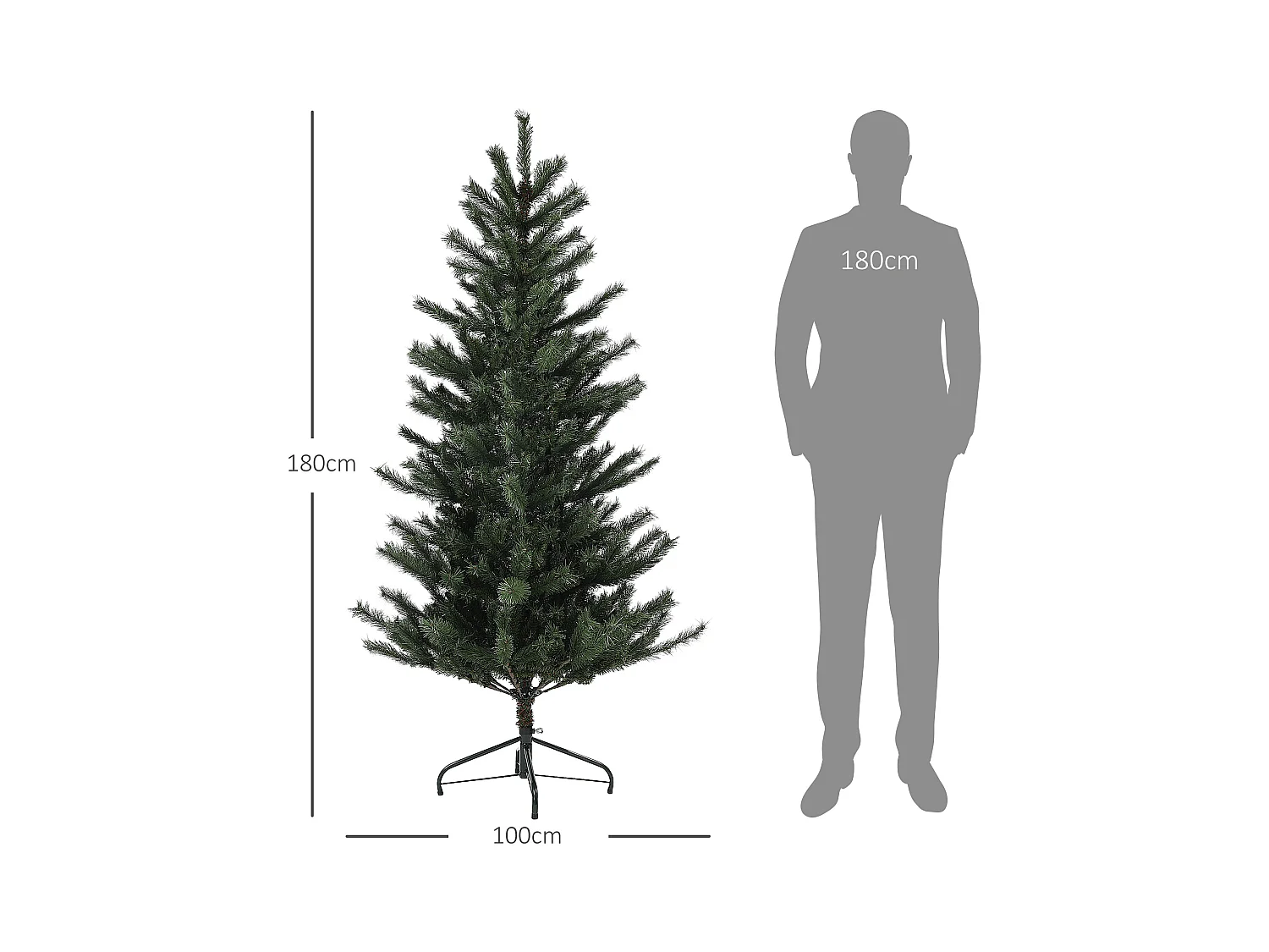 Árbol de Navidad artificial 180 cm, con patas de metal, ramas ignífugas, verde (Ø100 x 180 cm)
