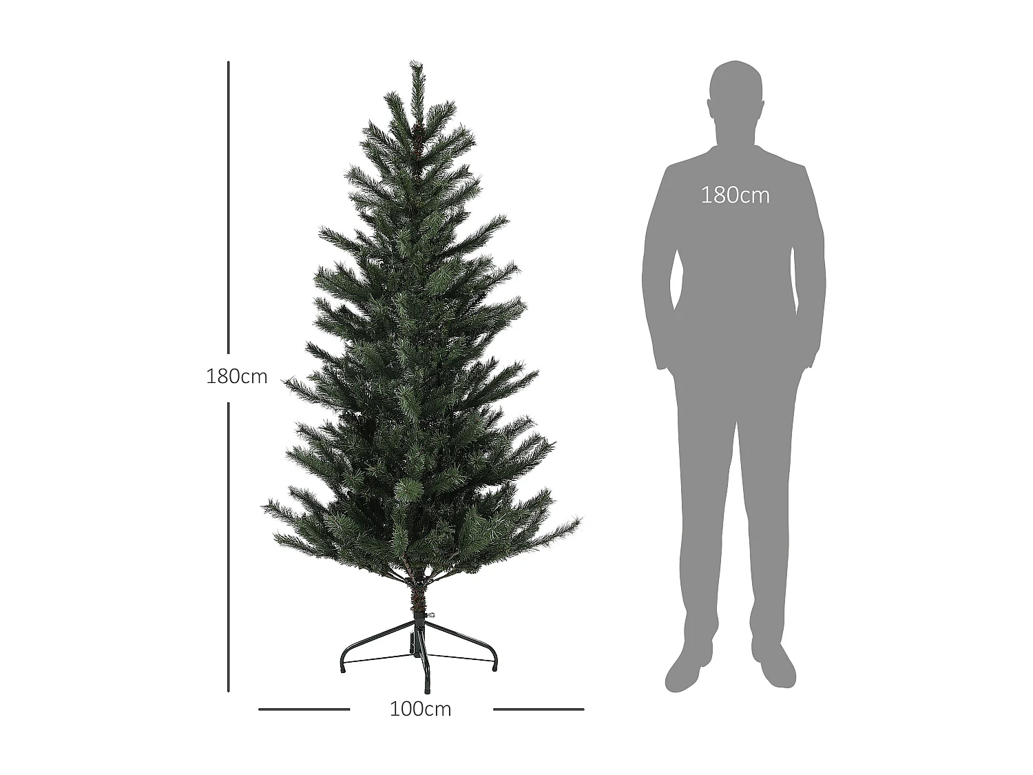 Árbol de Navidad artificial 180 cm, con patas de metal, ramas ignífugas, verde (Ø100 x 180 cm)