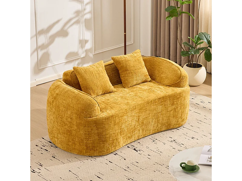 Canapé incurvé jaune, 2 places, avec accoudoirs, coussins inclus, canapé crème pour petits espaces, sans montage nécessaire (170x87x65 cm)