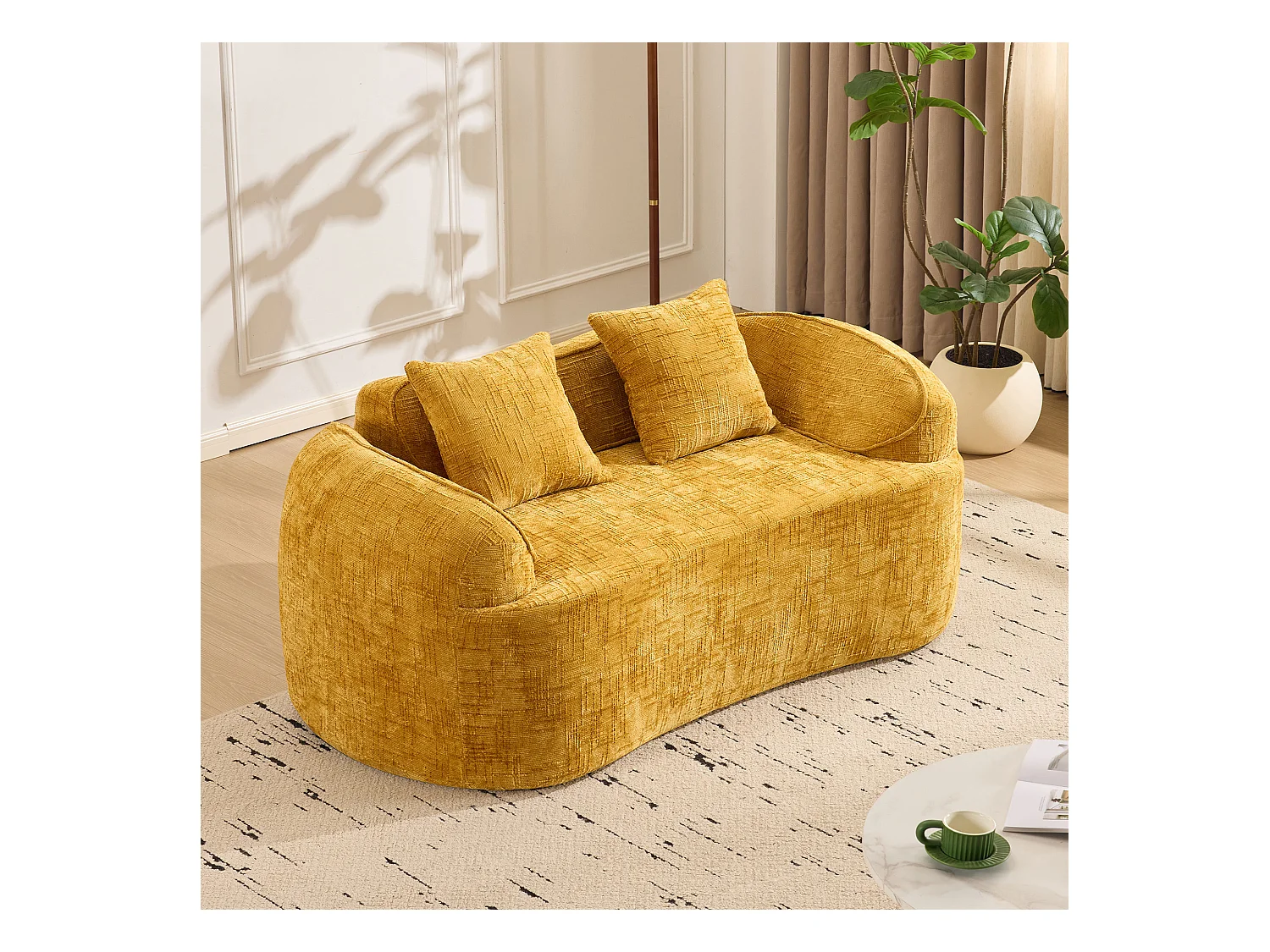 Gele gebogen bank, 2-zits, met armleuningen, kussens inbegrepen, crèmekleurige bank voor kleine ruimtes, geen montage vereist (170x87x65 cm)