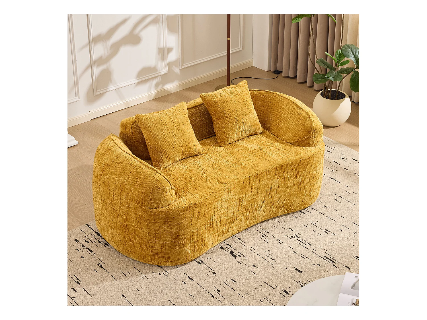 Gele gebogen bank, 2-zits, met armleuningen, kussens inbegrepen, crèmekleurige bank voor kleine ruimtes, geen montage vereist (170x87x65 cm)