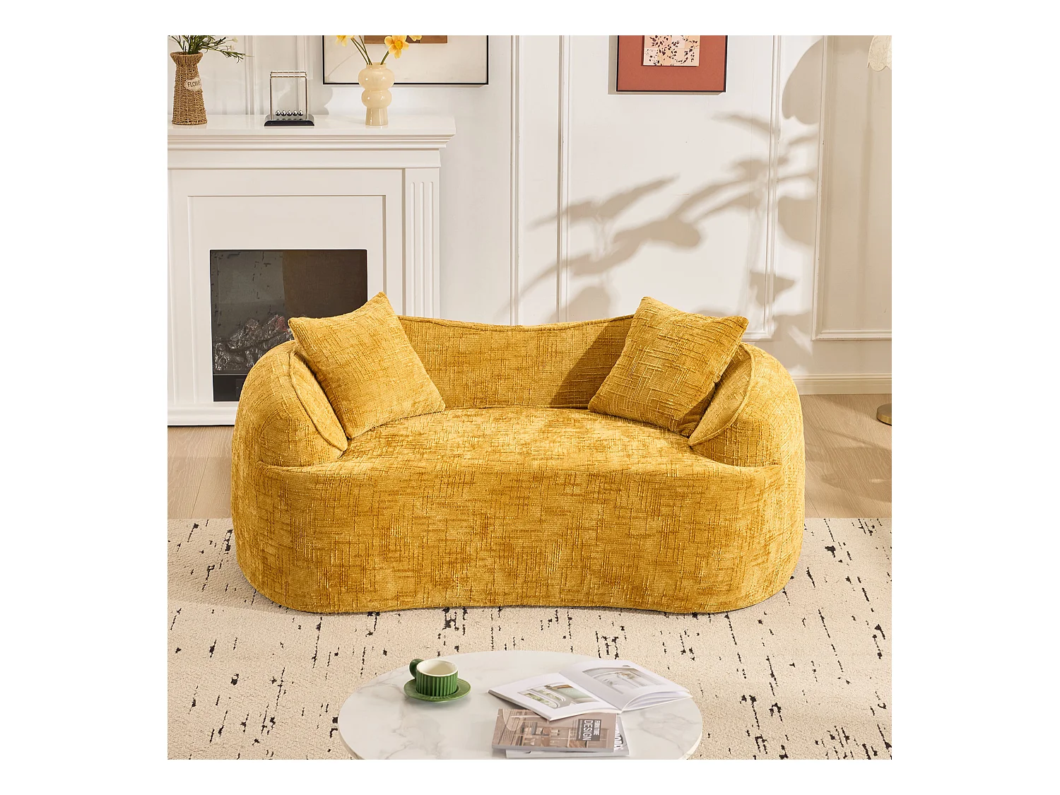 Gele gebogen bank, 2-zits, met armleuningen, kussens inbegrepen, crèmekleurige bank voor kleine ruimtes, geen montage vereist (170x87x65 cm)