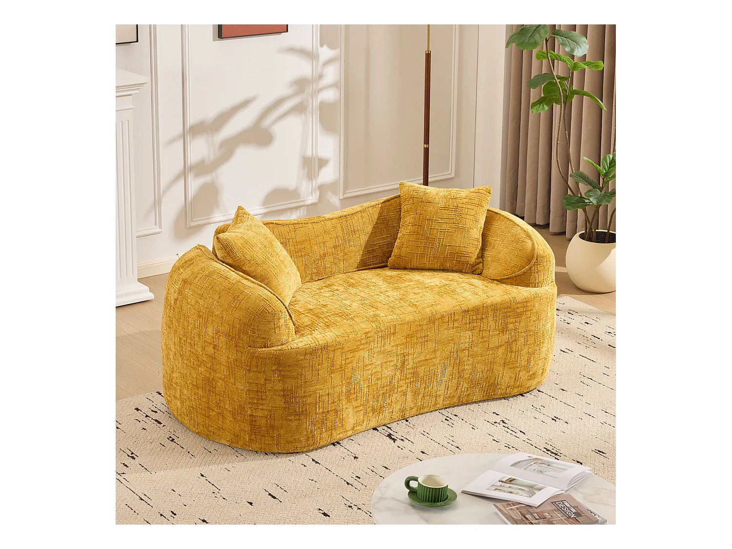 Gele gebogen bank, 2-zits, met armleuningen, kussens inbegrepen, crèmekleurige bank voor kleine ruimtes, geen montage vereist (170x87x65 cm)