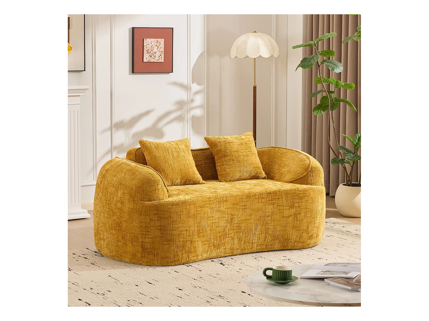 Gele gebogen bank, 2-zits, met armleuningen, kussens inbegrepen, crèmekleurige bank voor kleine ruimtes, geen montage vereist (170x87x65 cm)