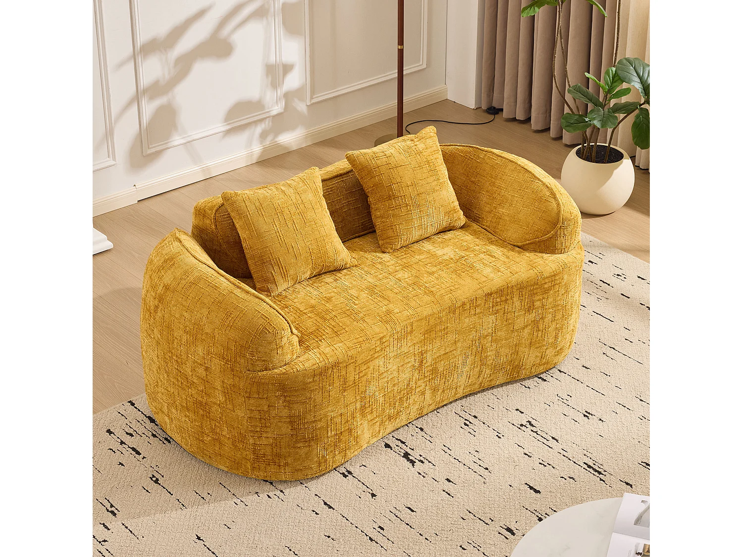 Canapé incurvé jaune, 2 places, avec accoudoirs, coussins inclus, canapé crème pour petits espaces, sans montage nécessaire (170x87x65 cm)