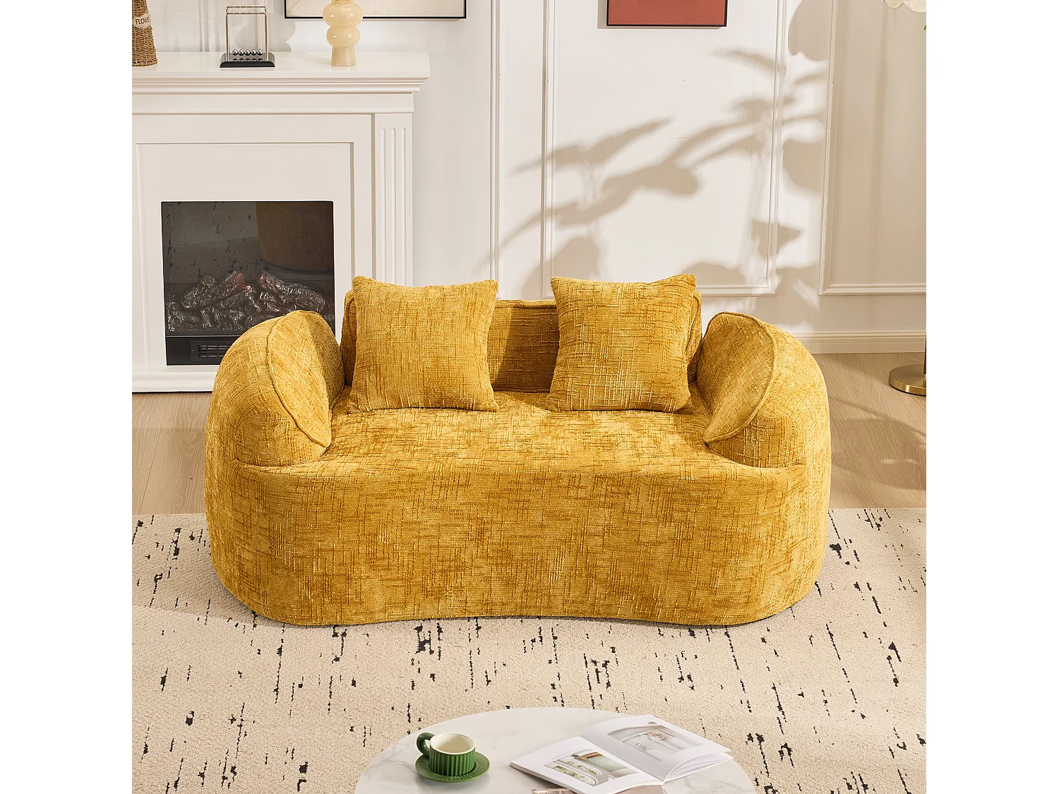 Canapé incurvé jaune, 2 places, avec accoudoirs, coussins inclus, canapé crème pour petits espaces, sans montage nécessaire (170x87x65 cm)