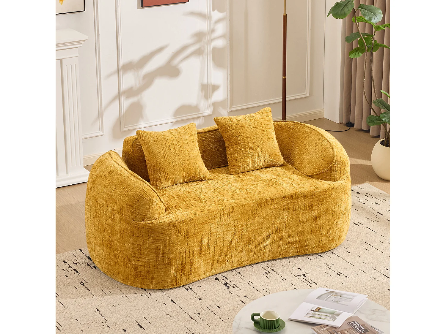 Canapé incurvé jaune, 2 places, avec accoudoirs, coussins inclus, canapé crème pour petits espaces, sans montage nécessaire (170x87x65 cm)