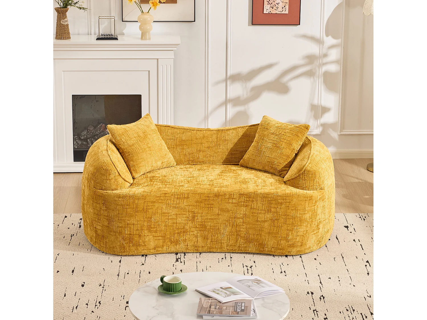 Canapé incurvé jaune, 2 places, avec accoudoirs, coussins inclus, canapé crème pour petits espaces, sans montage nécessaire (170x87x65 cm)