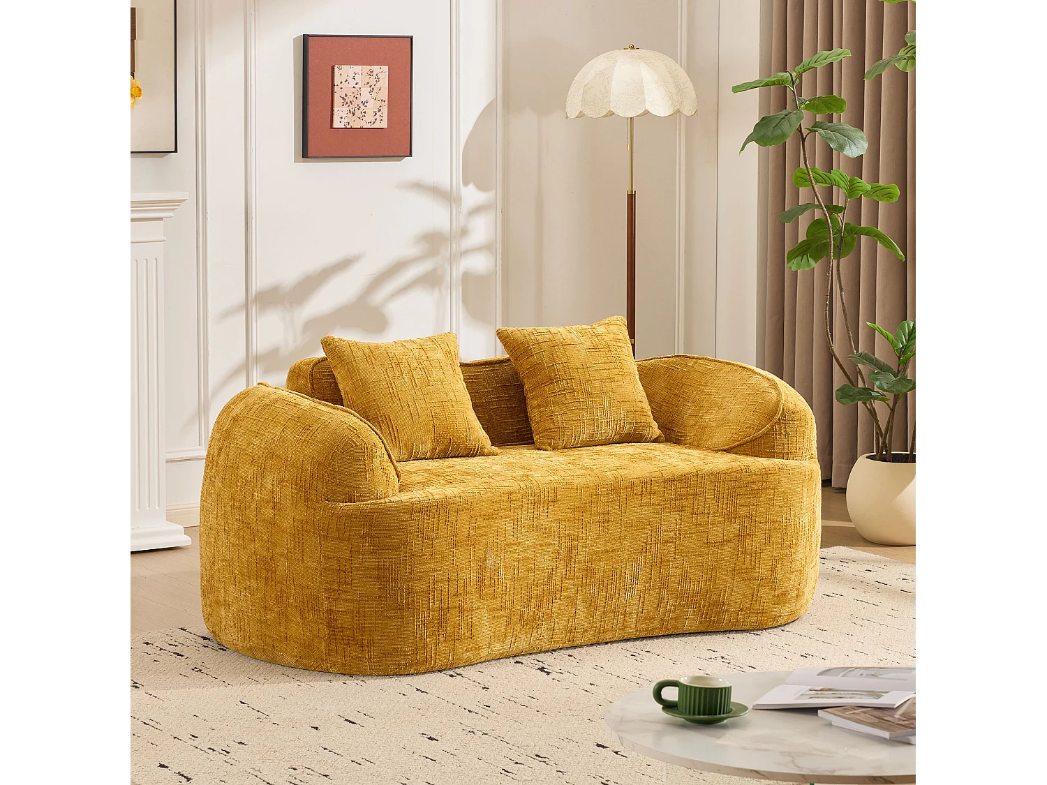 Canapé incurvé jaune, 2 places, avec accoudoirs, coussins inclus, canapé crème pour petits espaces, sans montage nécessaire (170x87x65 cm)