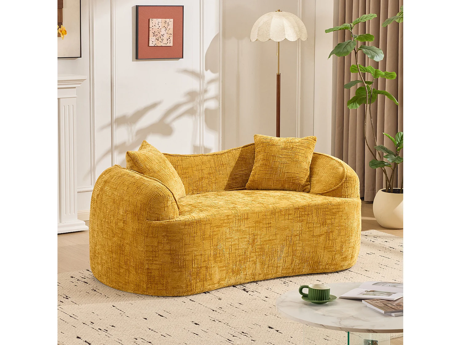 Canapé incurvé jaune, 2 places, avec accoudoirs, coussins inclus, canapé crème pour petits espaces, sans montage nécessaire (170x87x65 cm)