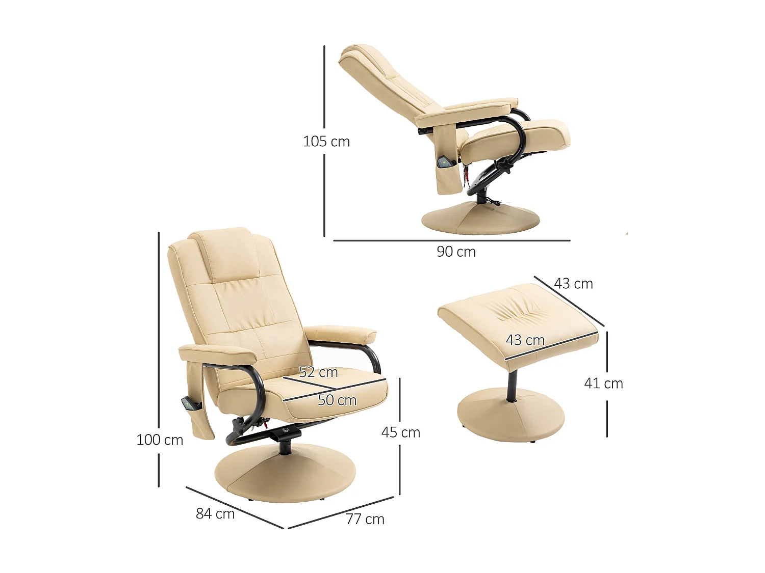 Fauteuil relax avec fonction massage, cuir artificiel, crème (77x84x95 cm)