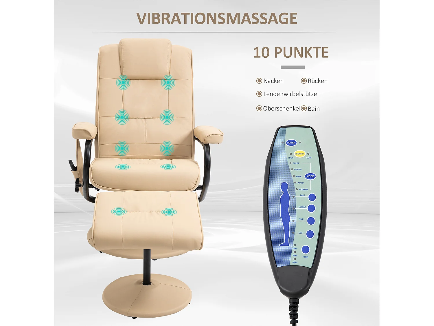 Fauteuil relax avec fonction massage, cuir artificiel, crème (77x84x95 cm)