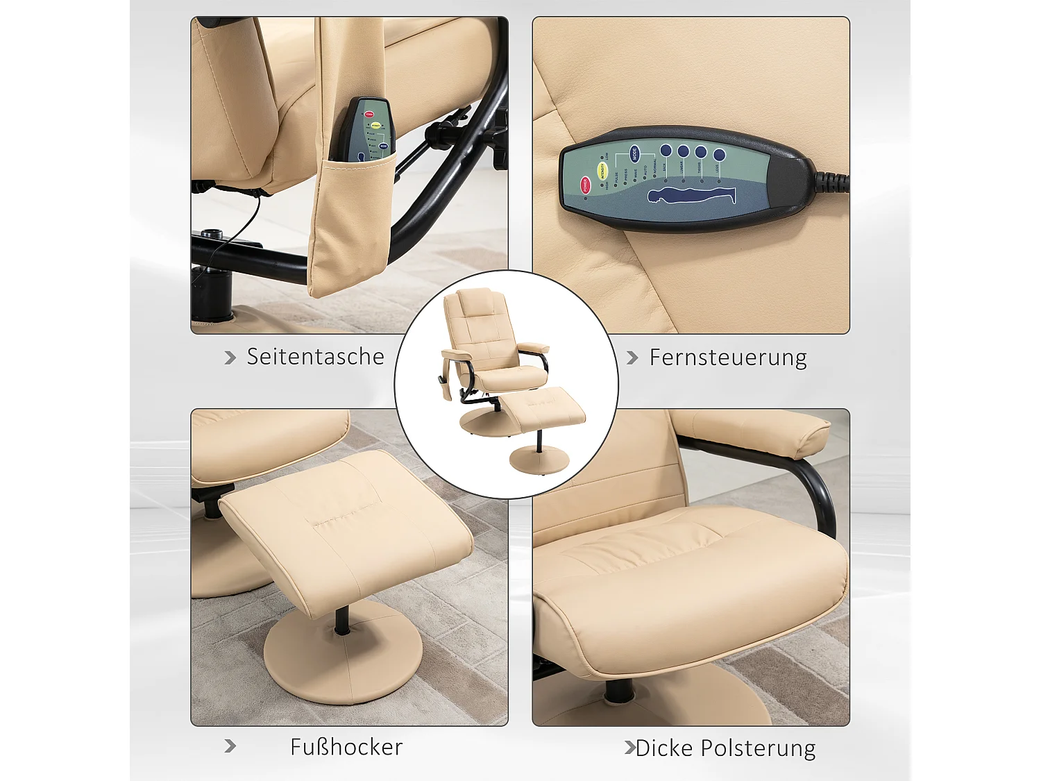Fauteuil relax avec fonction massage, cuir artificiel, crème (77x84x95 cm)