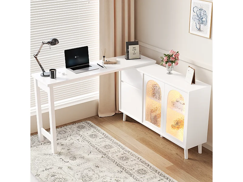 Bureau avec LED 2-en-1 et meuble bas, 360° rotatif, porte en acrylique, FSC certifié, blanc (120x40x78 cm)