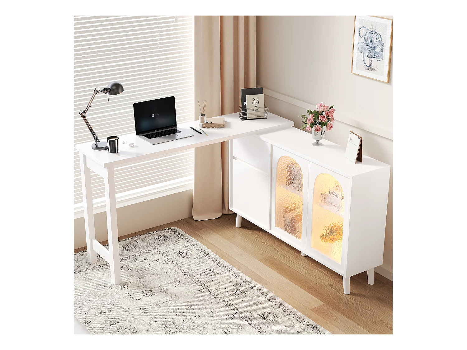 Bureau avec LED 2-en-1 et meuble bas, 360° rotatif, porte en acrylique, FSC certifié, blanc (120x40x78 cm)