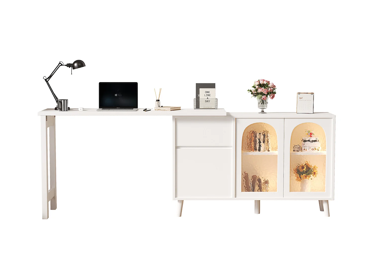 Bureau avec LED 2-en-1 et meuble bas, 360° rotatif, porte en acrylique, FSC certifié, blanc (120x40x78 cm)