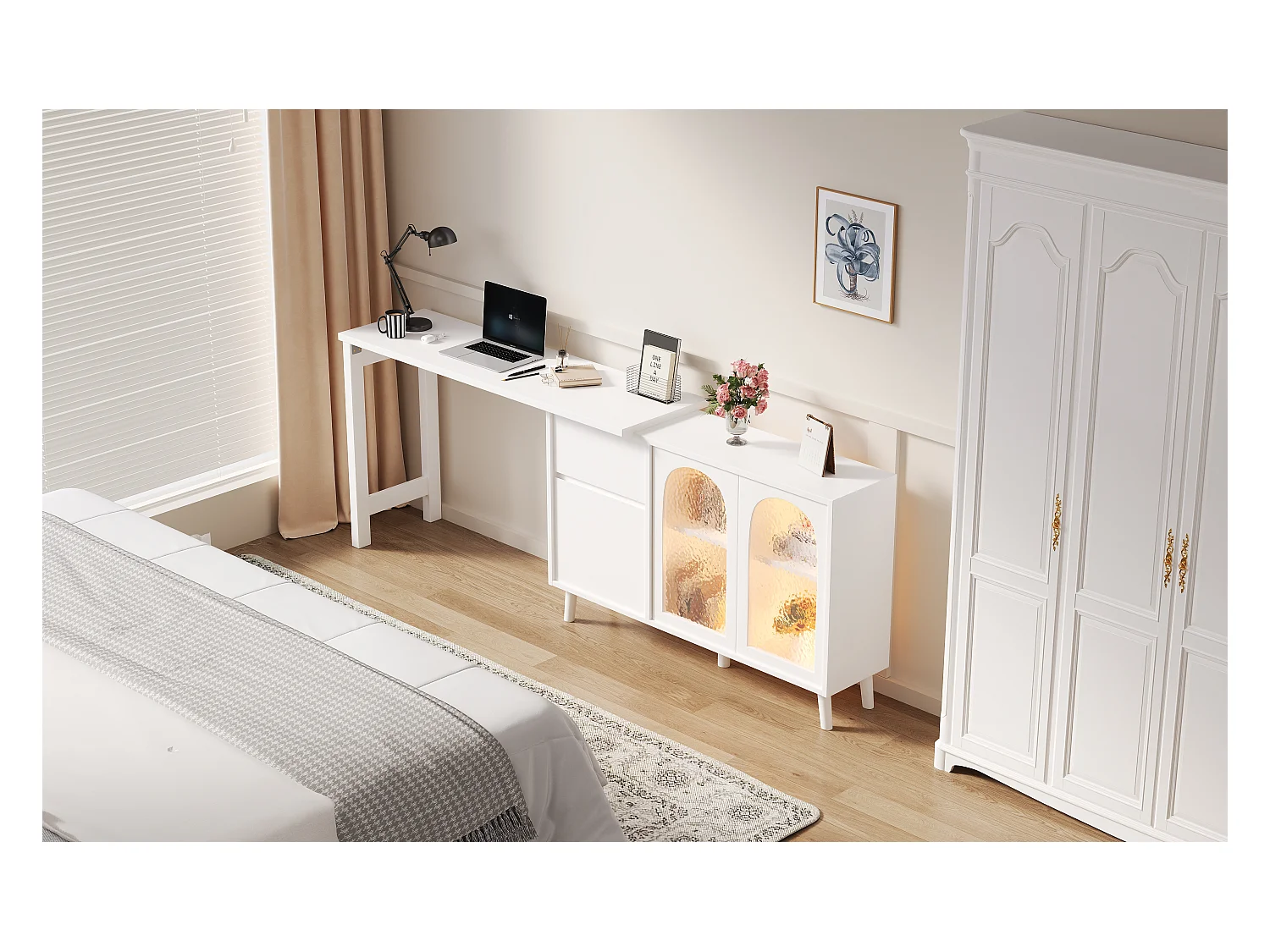 Bureau avec LED 2-en-1 et meuble bas, 360° rotatif, porte en acrylique, FSC certifié, blanc (120x40x78 cm)