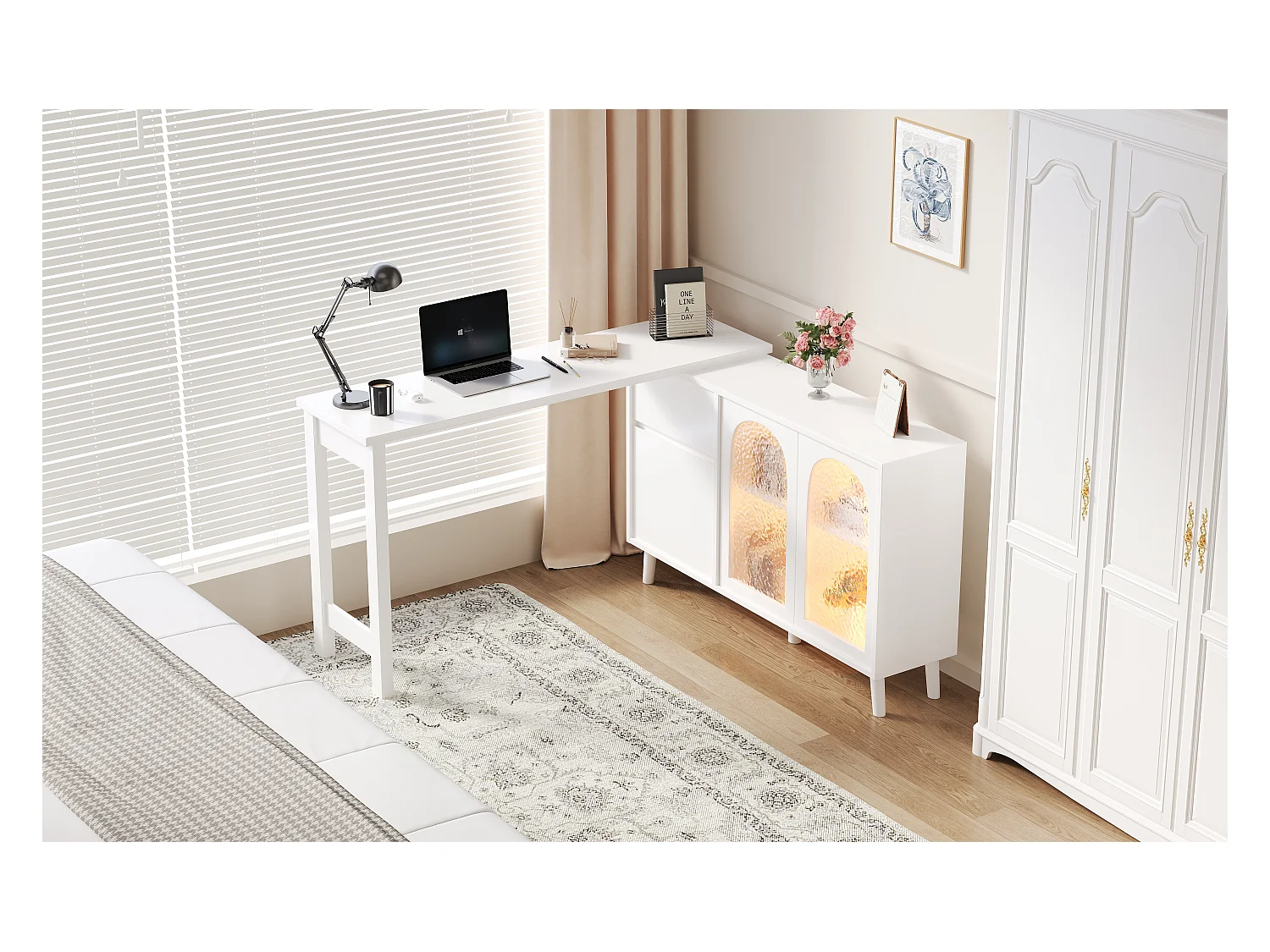 Bureau avec LED 2-en-1 et meuble bas, 360° rotatif, porte en acrylique, FSC certifié, blanc (120x40x78 cm)