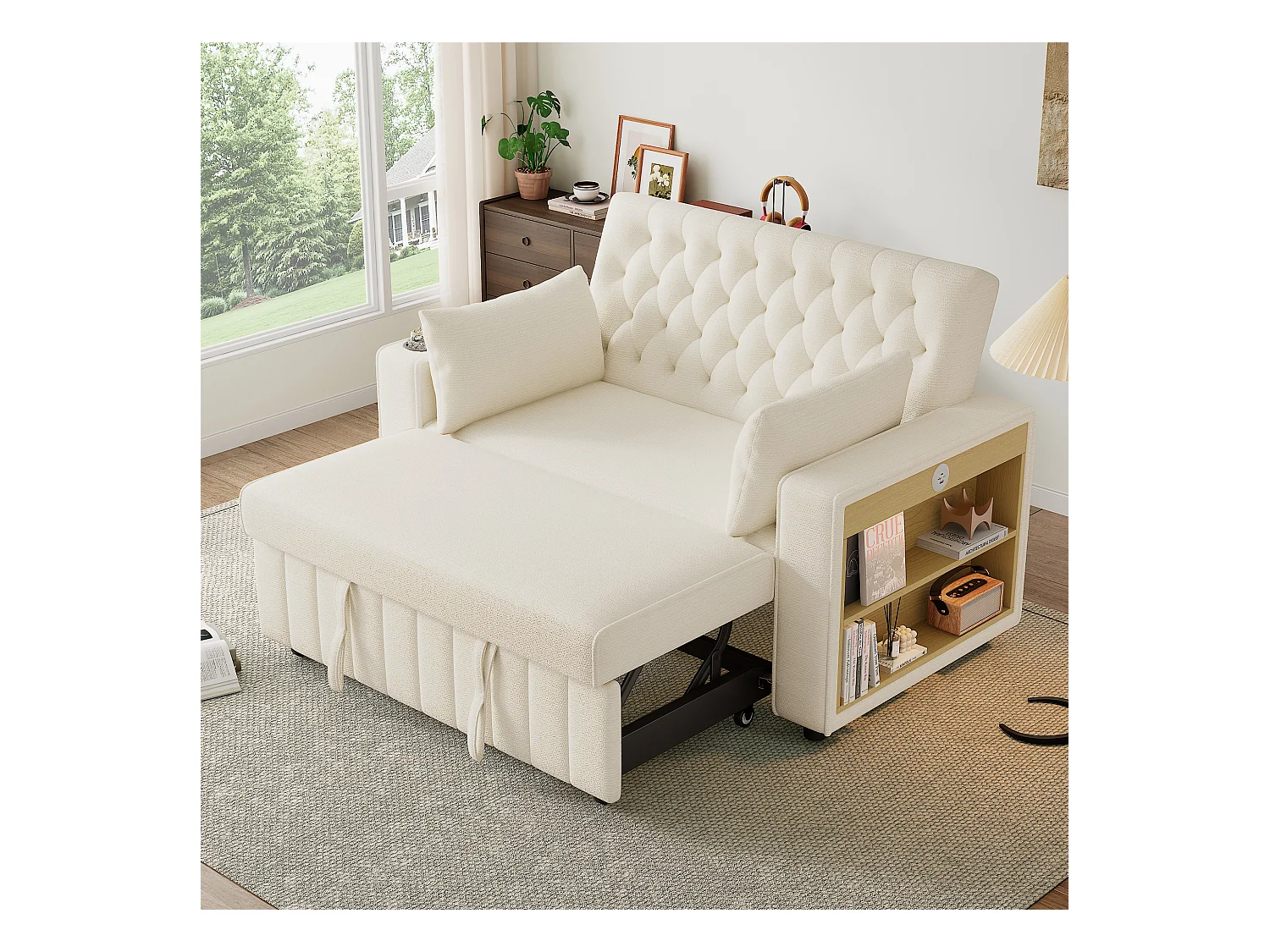 Sofá cama de 2 plazas con espacio de almacenamiento, portavasos, puerto USB, diseño moderno de chenilla, beige (140x137x84 cm)