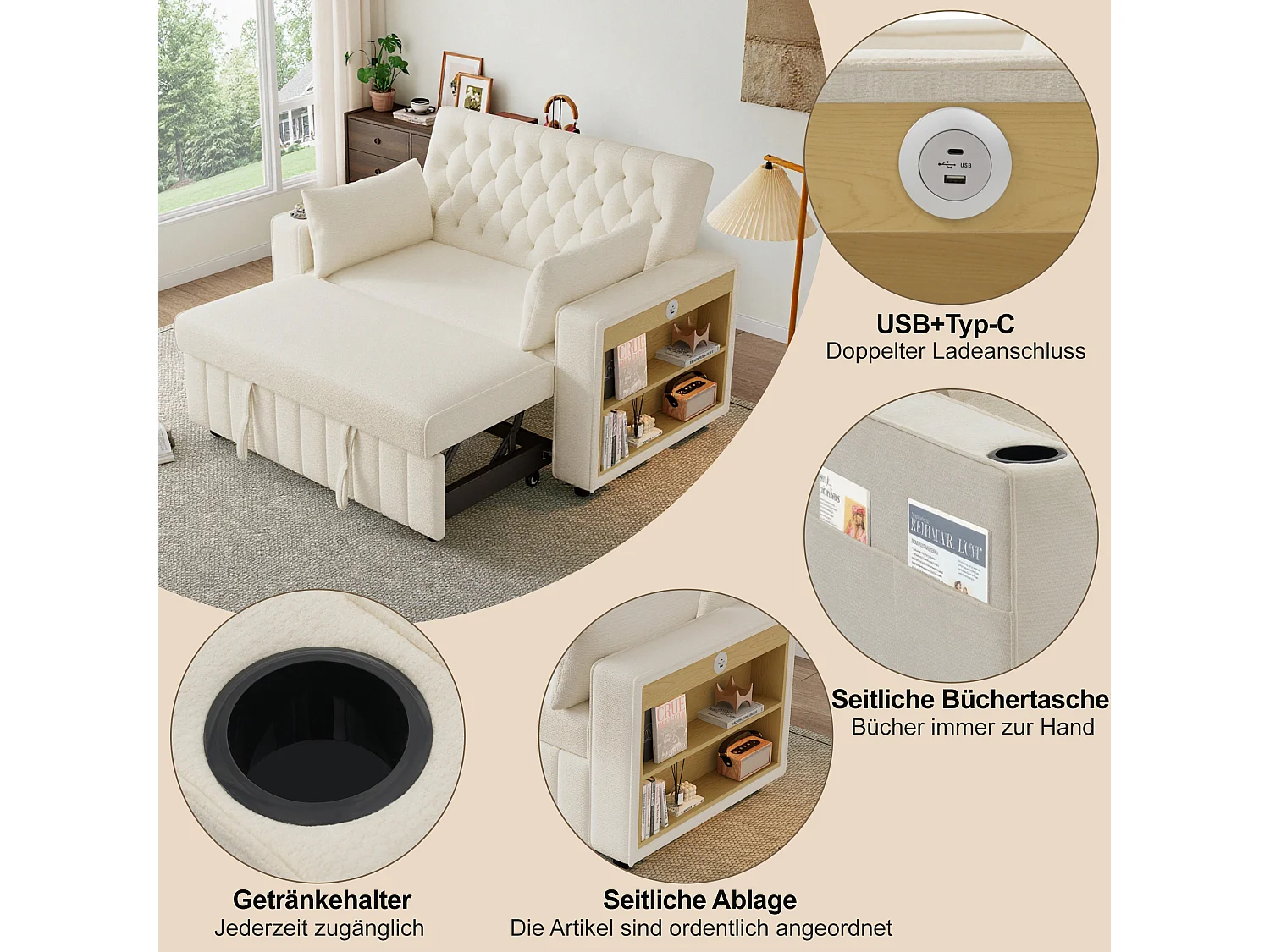 Sofá cama de 2 plazas con espacio de almacenamiento, portavasos, puerto USB, diseño moderno de chenilla, beige (140x137x84 cm)