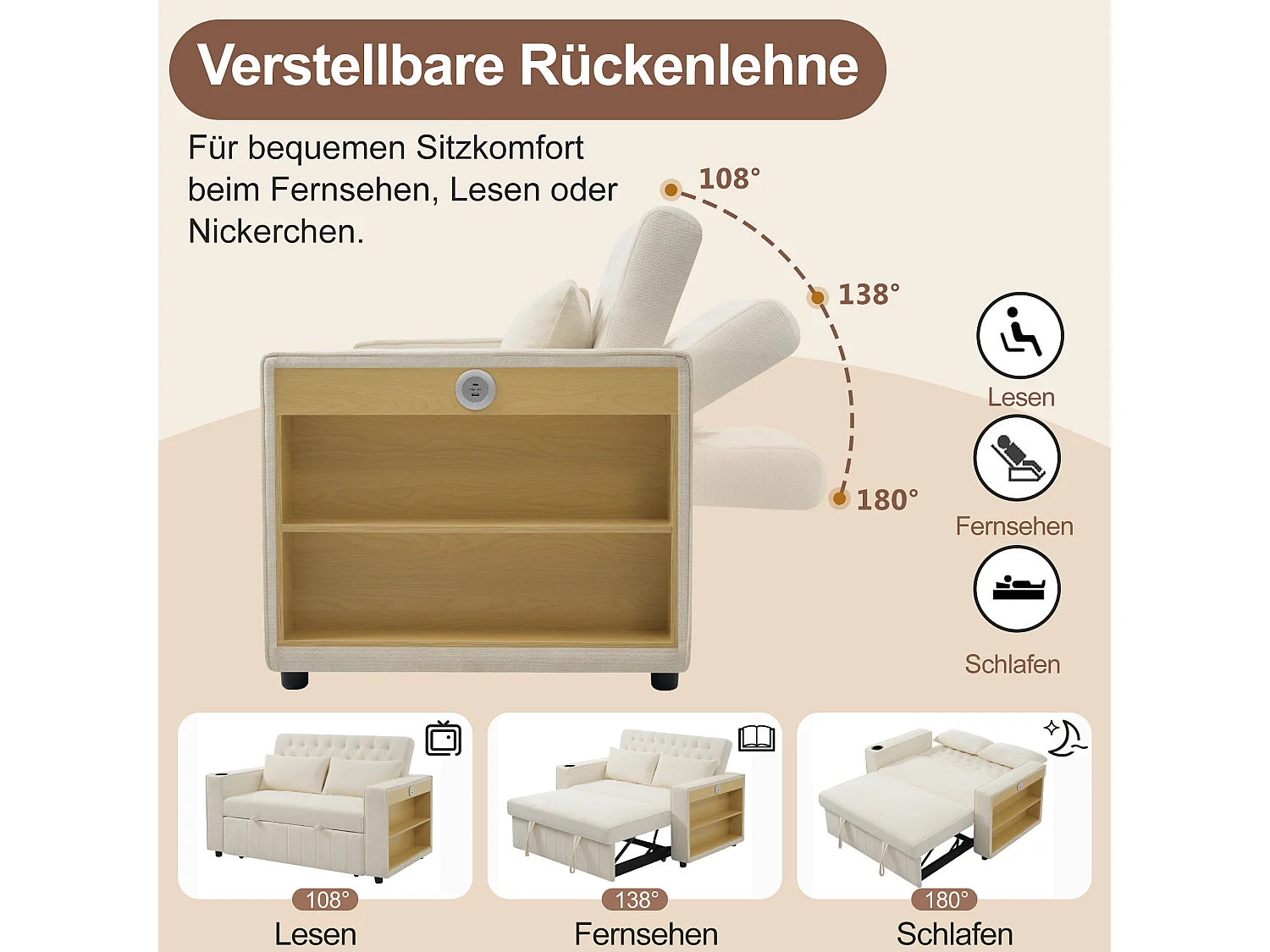 Sofá cama de 2 plazas con espacio de almacenamiento, portavasos, puerto USB, diseño moderno de chenilla, beige (140x137x84 cm)