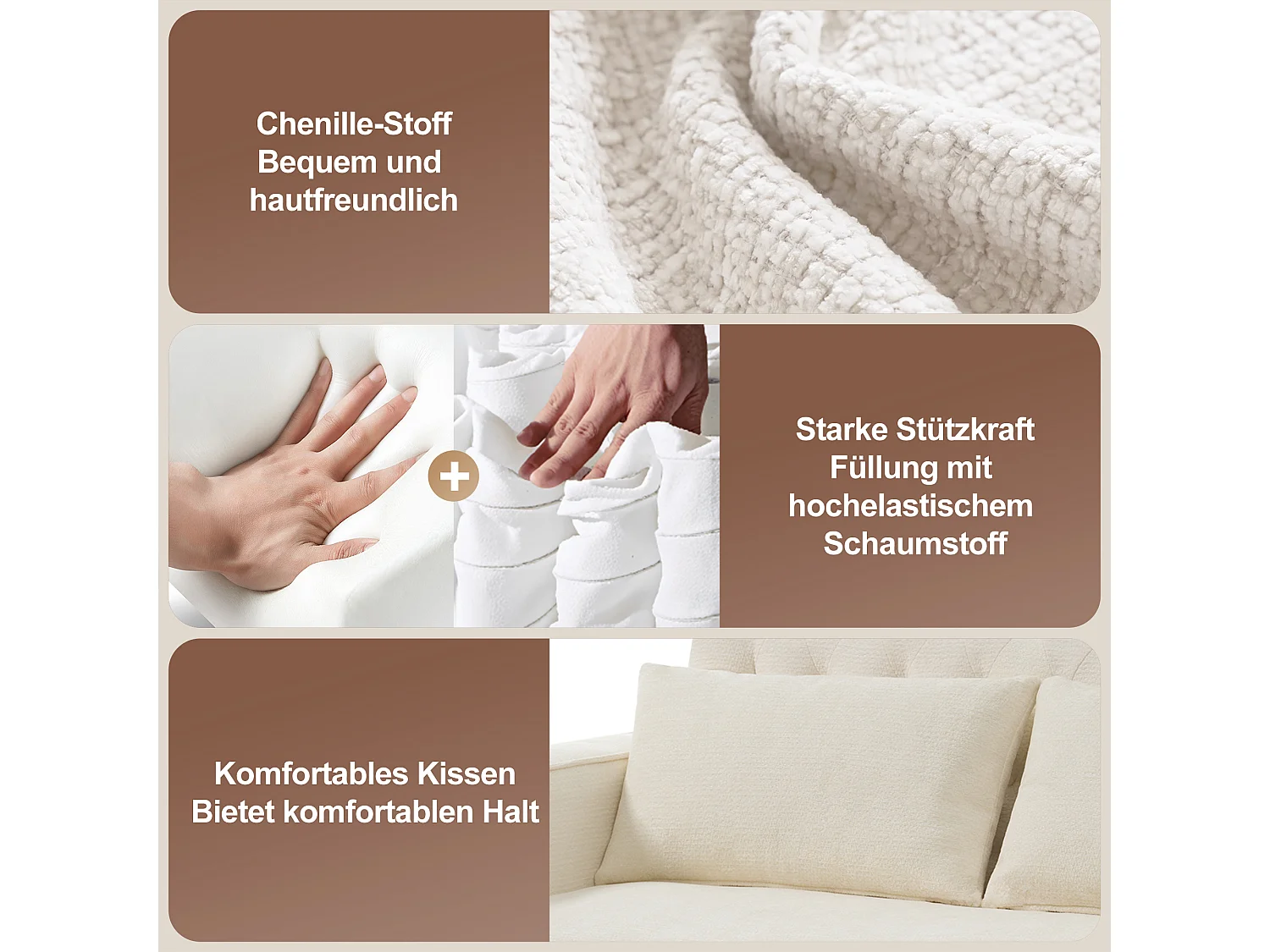 Canapé convertible 2 places, avec espace de rangement, porte-gobelet, port USB, design moderne en chenille, beige (140x137x84 cm)